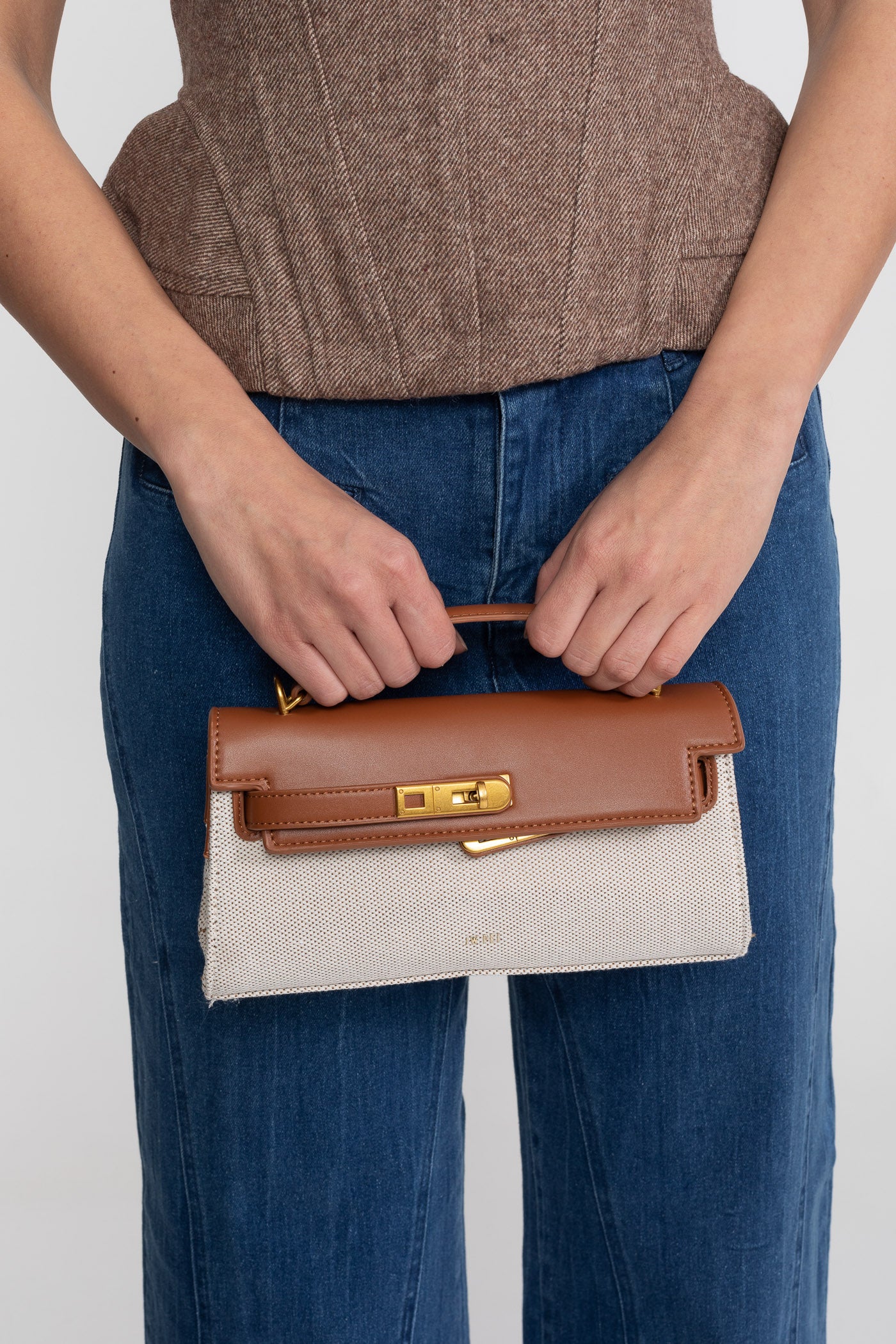 Mini bag strutturata in stile Kelly con finiture in metallo color oro - Marrone/Grigio 