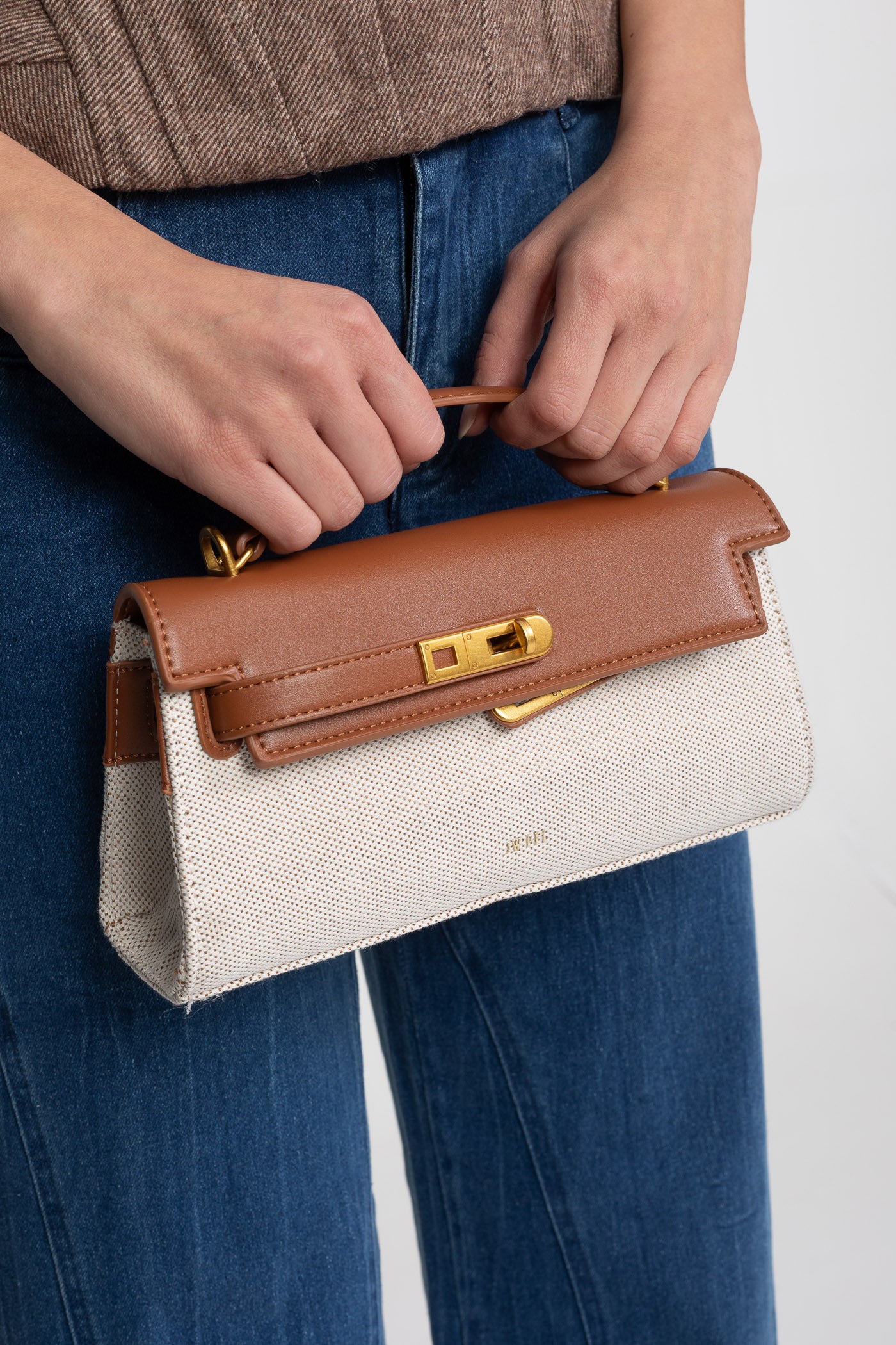 Mini bag strutturata in stile Kelly con finiture in metallo color oro - Marrone/Grigio 