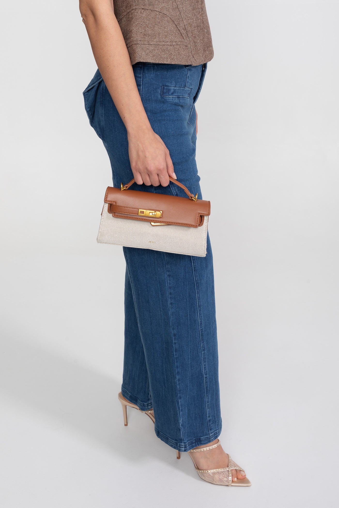 Mini bag strutturata in stile Kelly con finiture in metallo color oro - Marrone/Grigio 