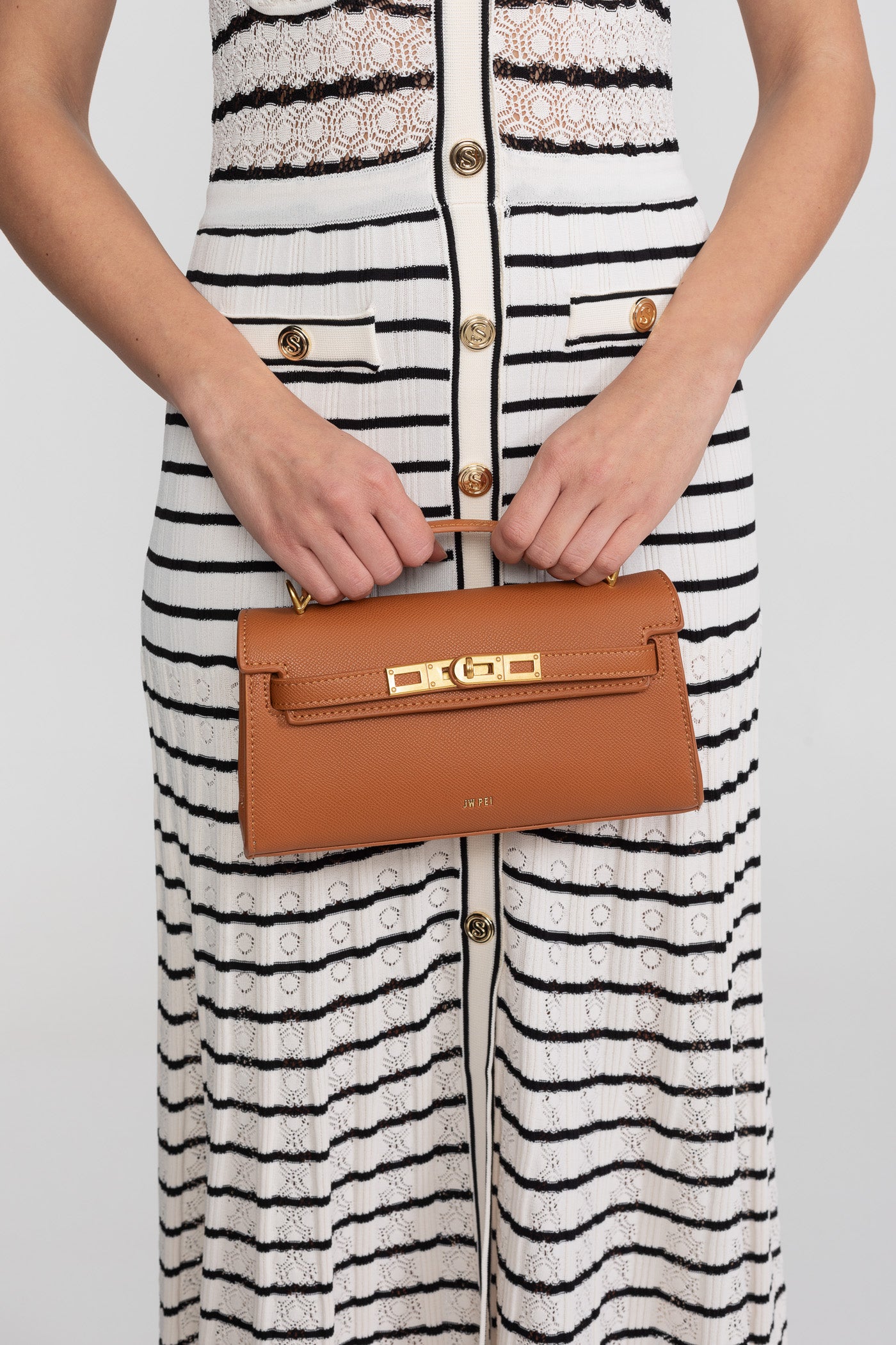 Borsa Mini Strutturata in Stile Kelly con Dettagli in Metallo Color Oro - Marrone 