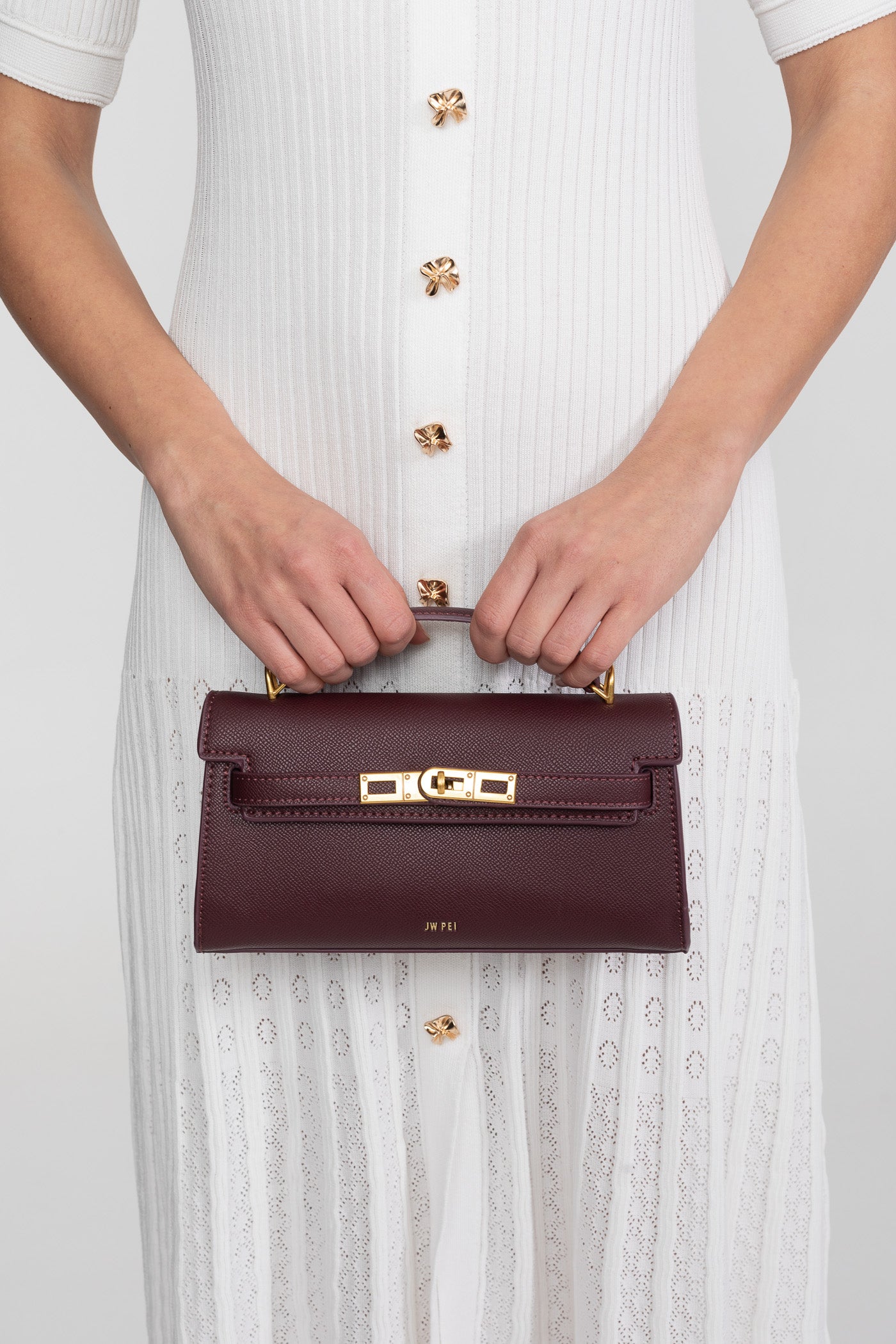 Mini bag strutturata in stile Kelly con hardware color oro - Burgundy 