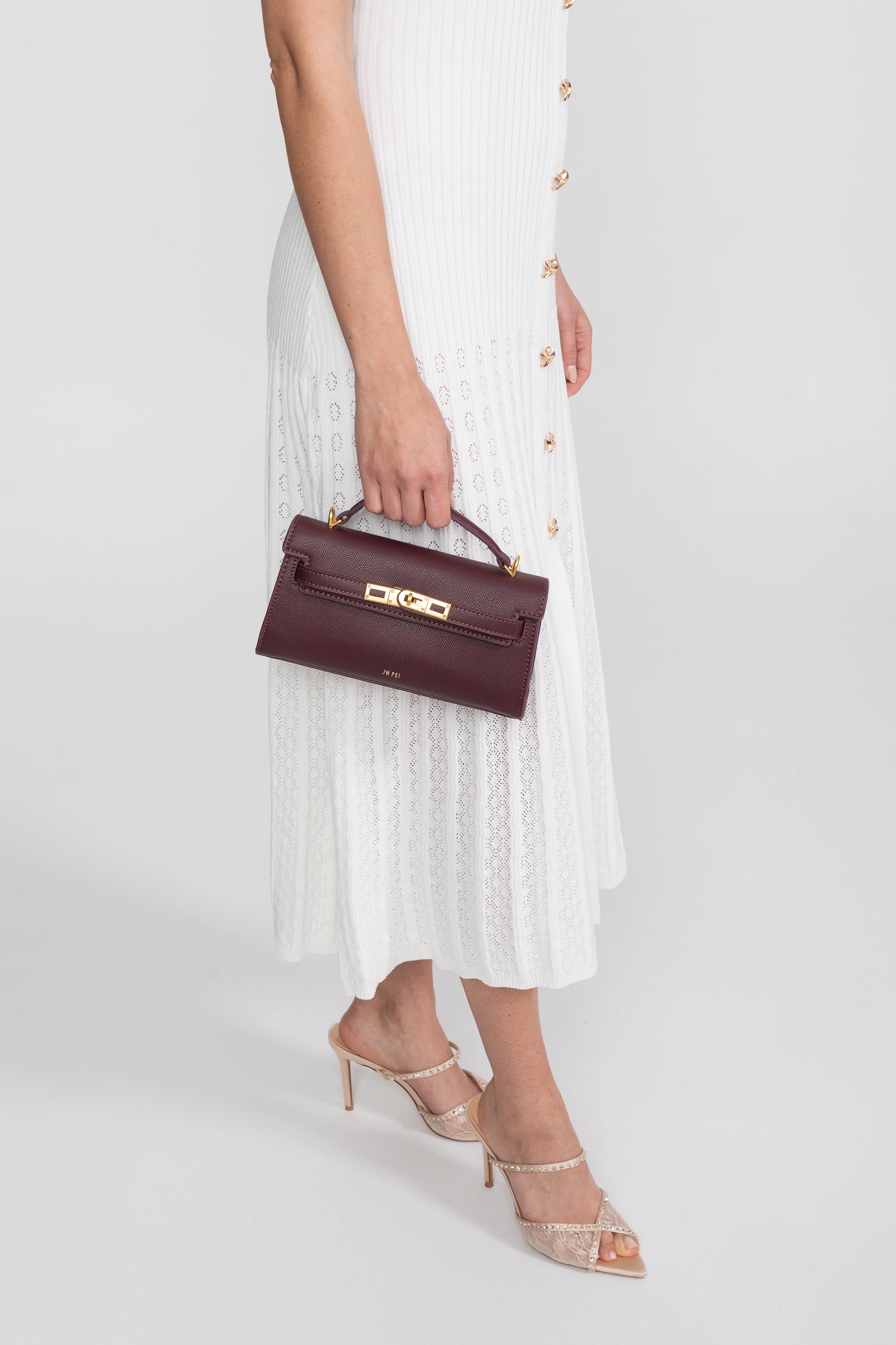 Mini bag strutturata in stile Kelly con hardware color oro - Burgundy 
