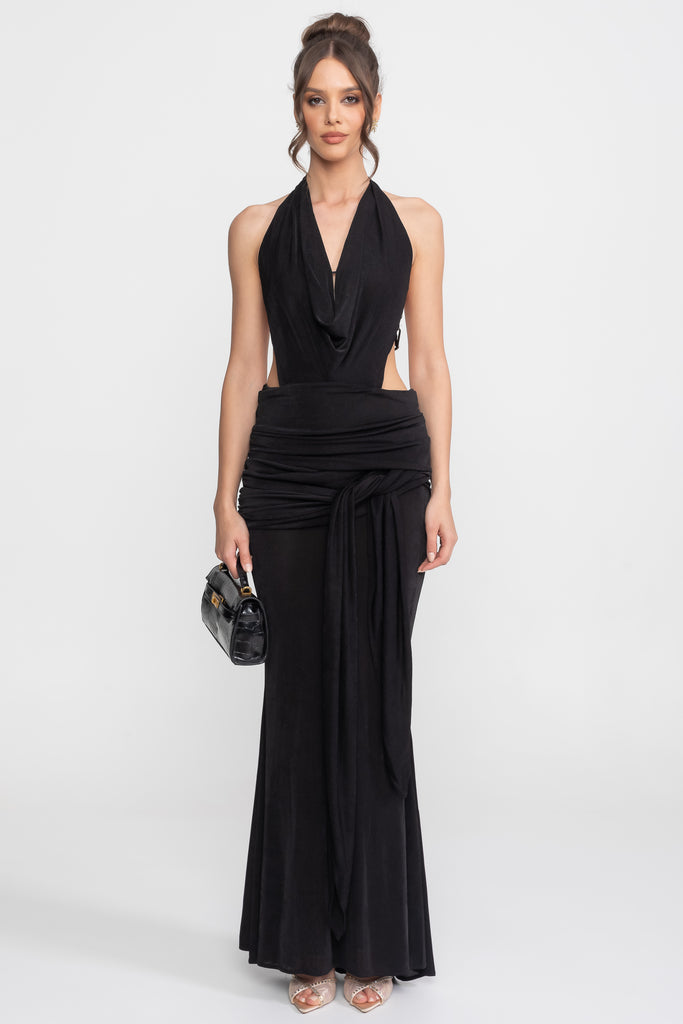 Abito lungo con scollo halter drappeggiato e dettaglio laterale con nodo arricciato - Nero 
