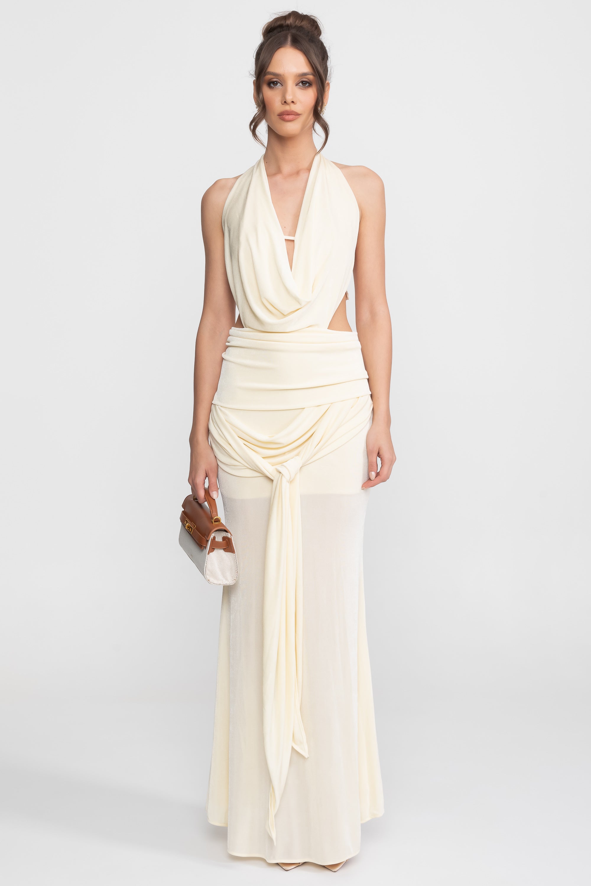 Draped Halter Gown With Ruched Side Tie Detail - Ivoire