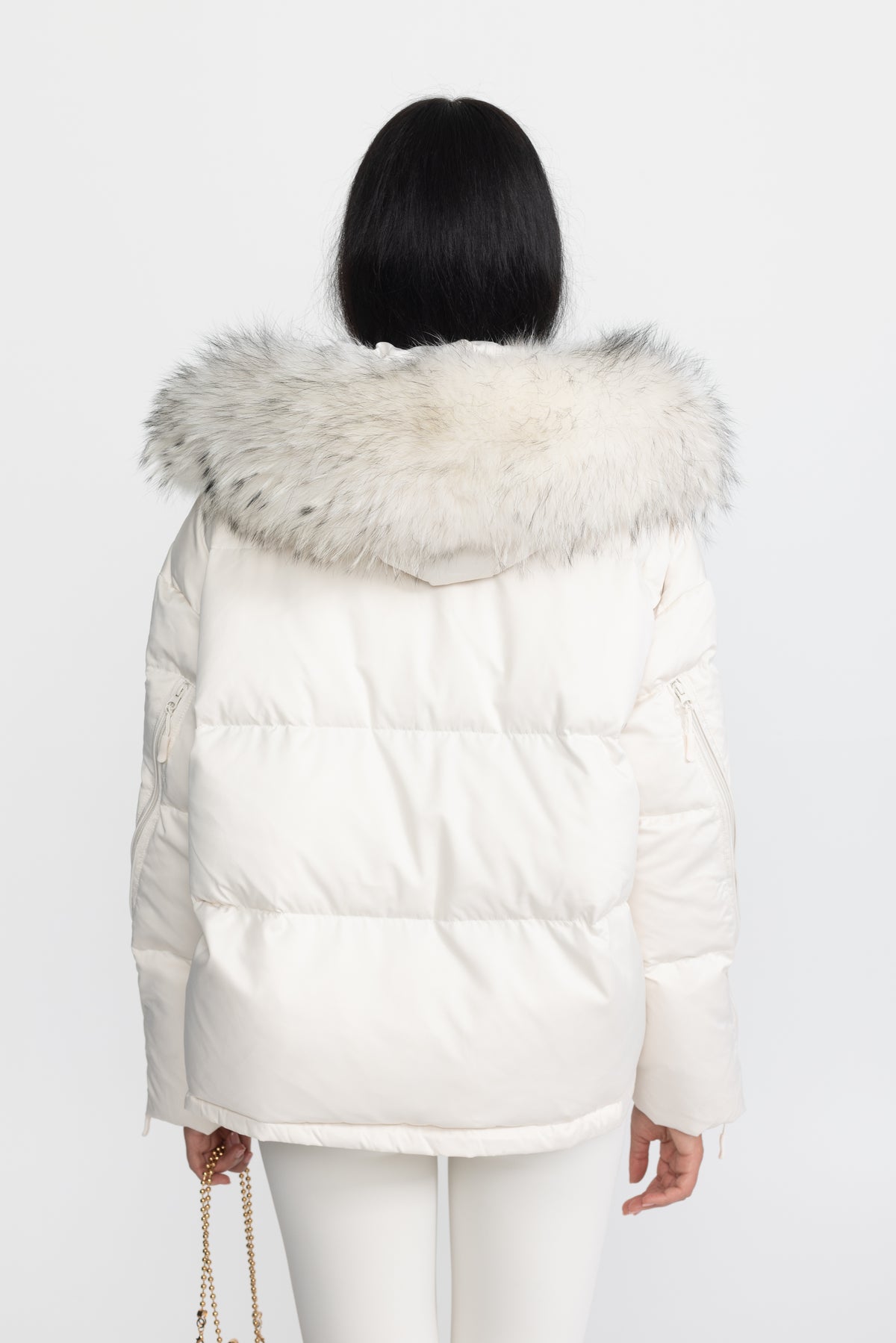 Raccoon Fur Hood Cropped Down Puffer Jacket - Ivoire