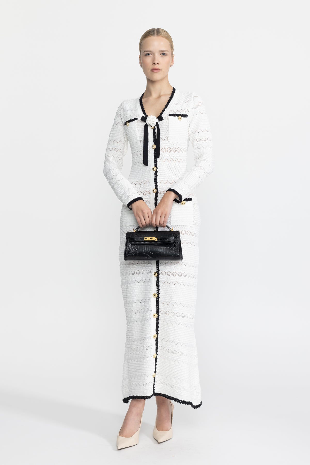 Crochet Trim Knit Button Midi Dress with Flower Brooch - White