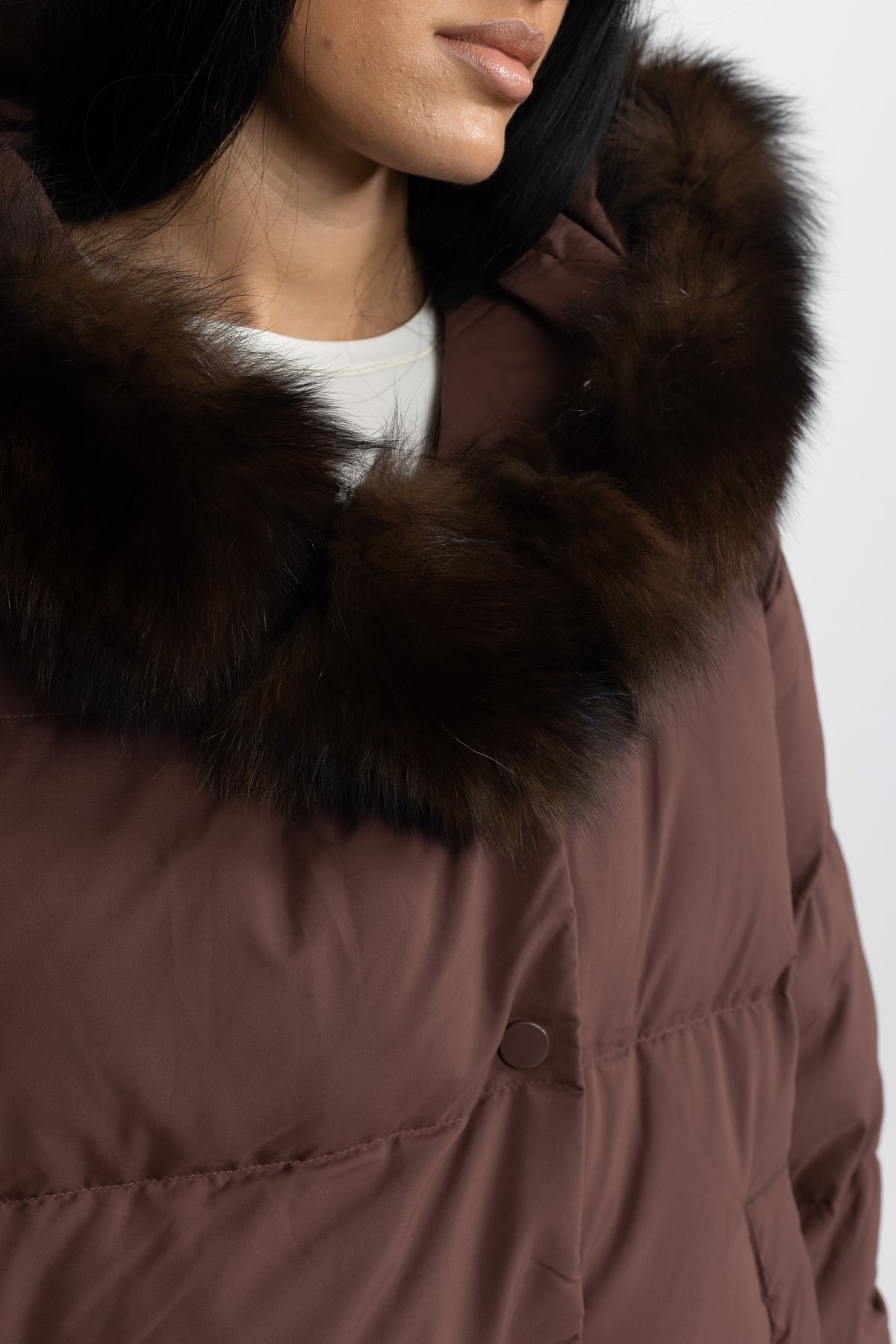 Fox Fur Hood Cropped Down Puffer Jacket - Chocolate