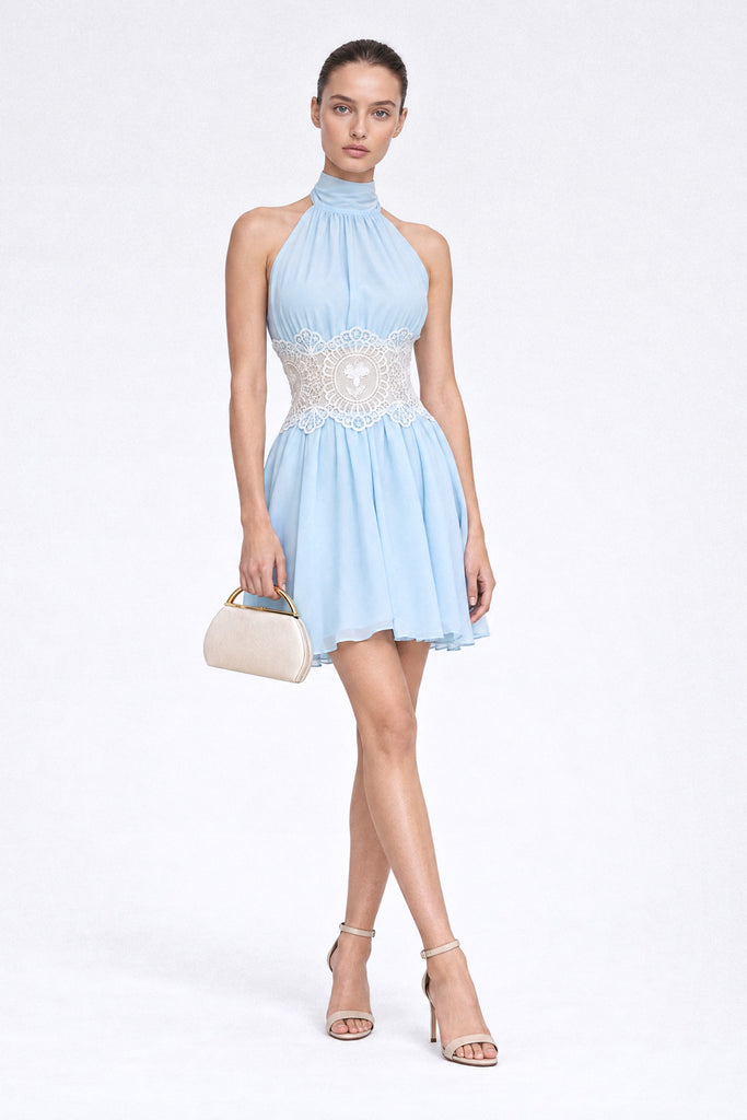 Chiffon Halter Mini Dress with Lace Waist - Sky Blue