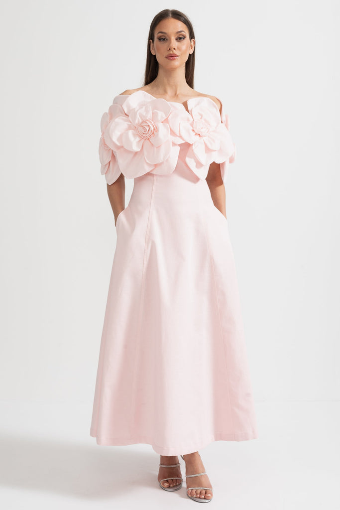 Abito Midi Scoperto con Ampi Accenti Floreali in Tessuto - Rosa 
