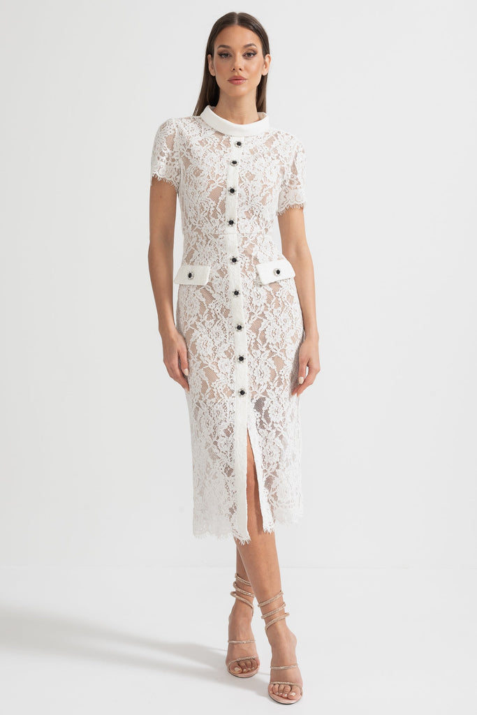 Elegante Abito Corto in Pizzo con Maniche Corte e Cintura in Vita Coordinata - Bianco 