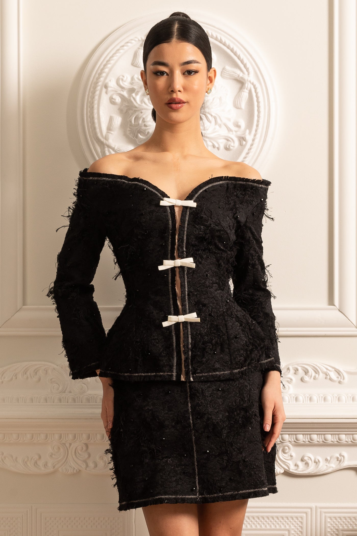 Textured Off-Shoulder Co-ord With White Bow Accents - Black