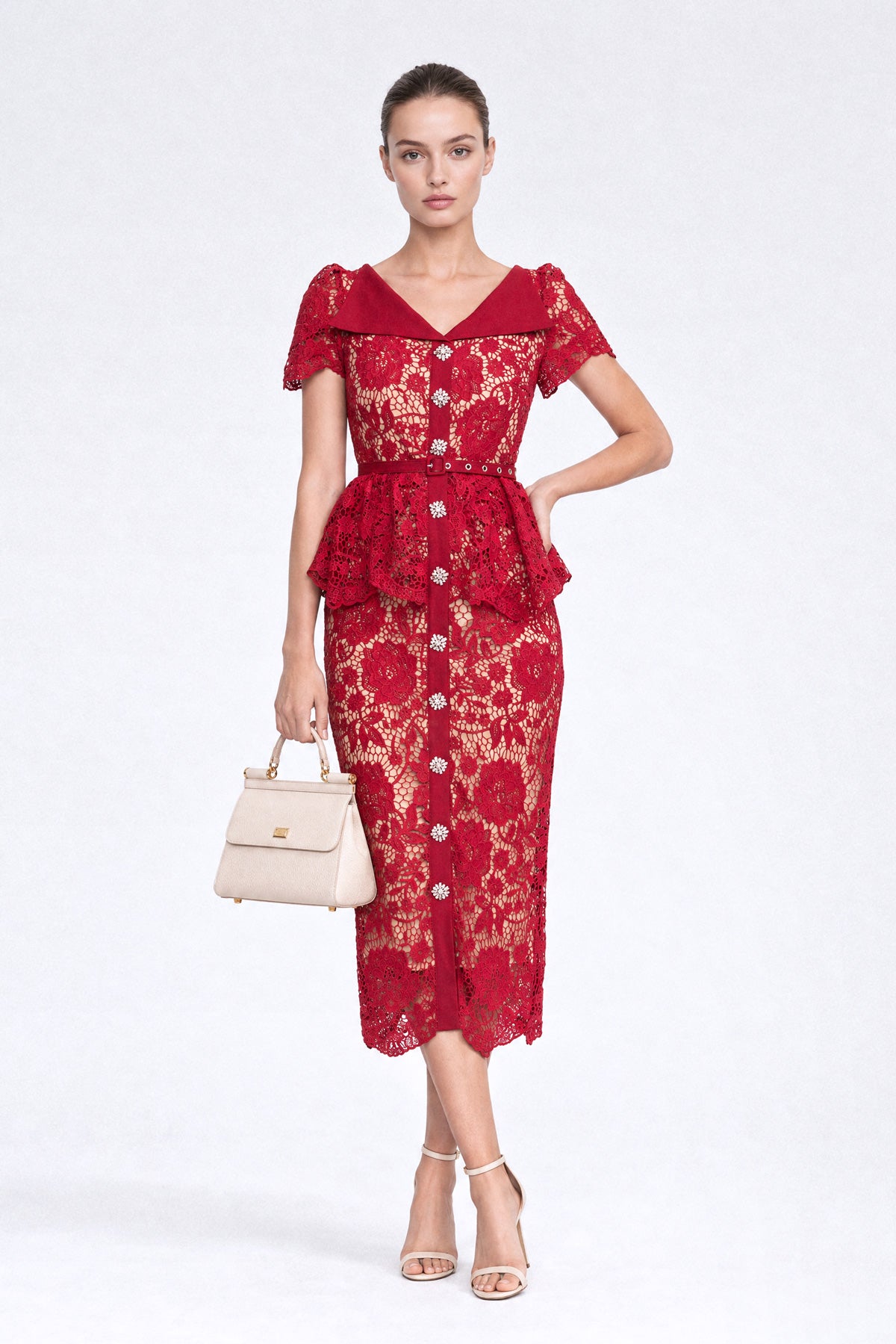 Abito Midi Peplum in Pizzo con Bottoni di Cristallo - Rosso 
