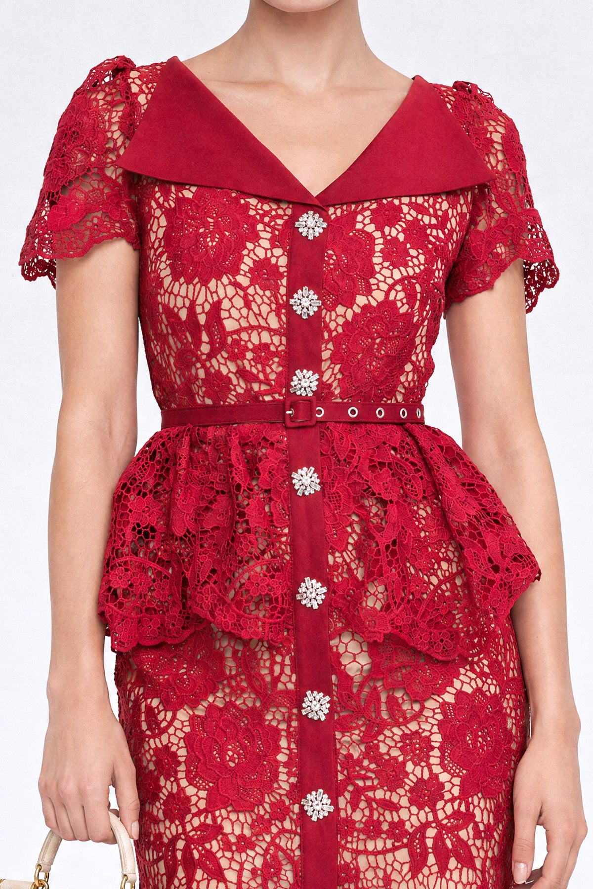 Crystal-Button Lace Peplum Midi Dress - Red