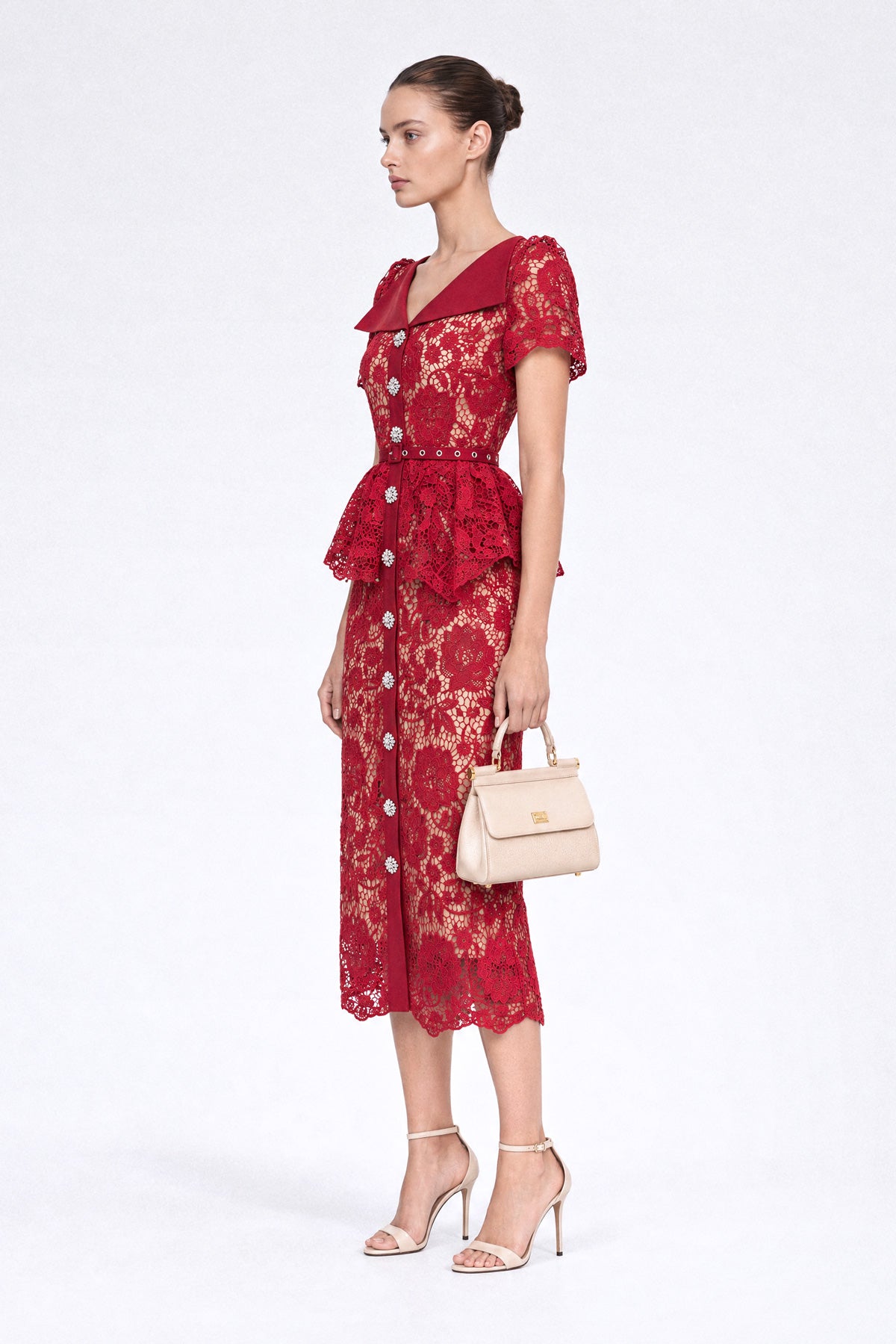 Crystal-Button Lace Peplum Midi Dress - Red