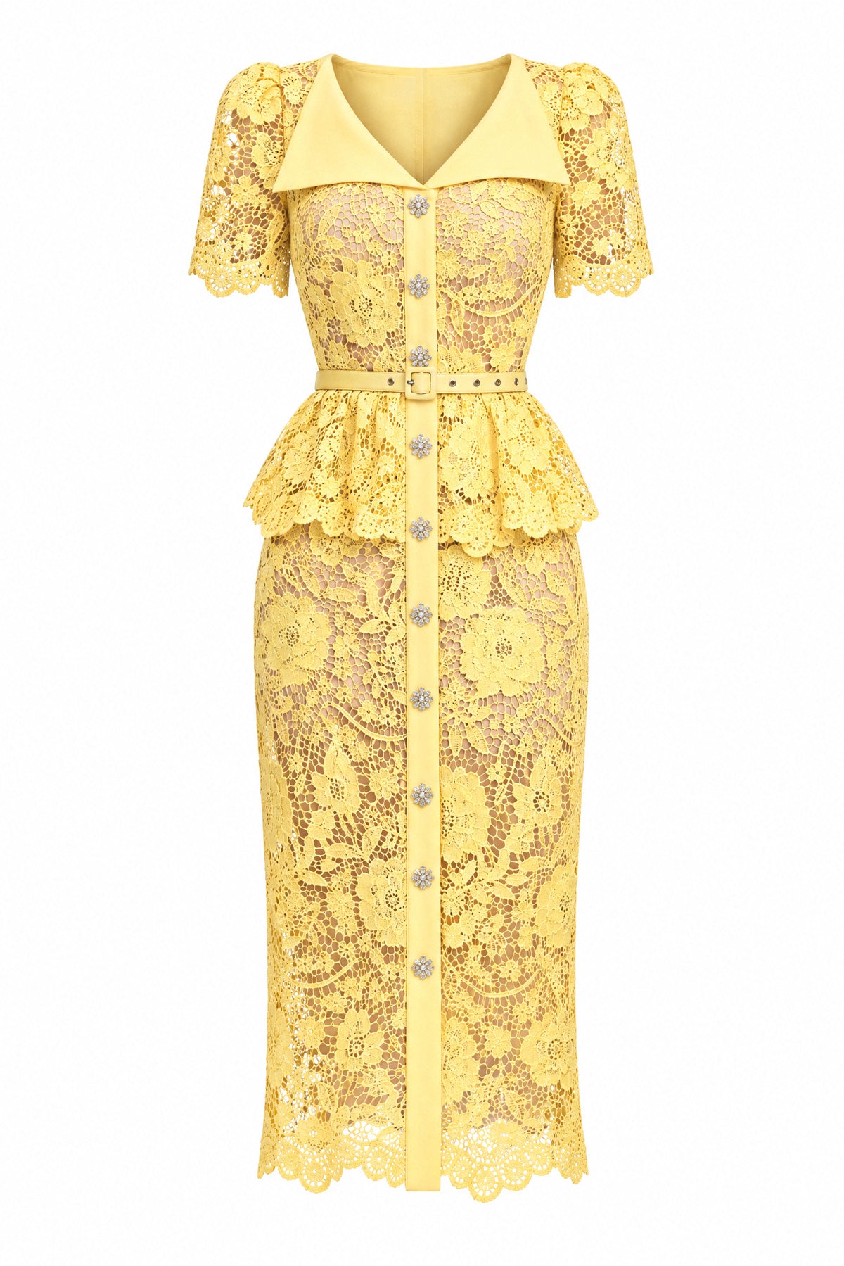 Abito midi peplum in pizzo con bottoni in cristallo - Giallo 