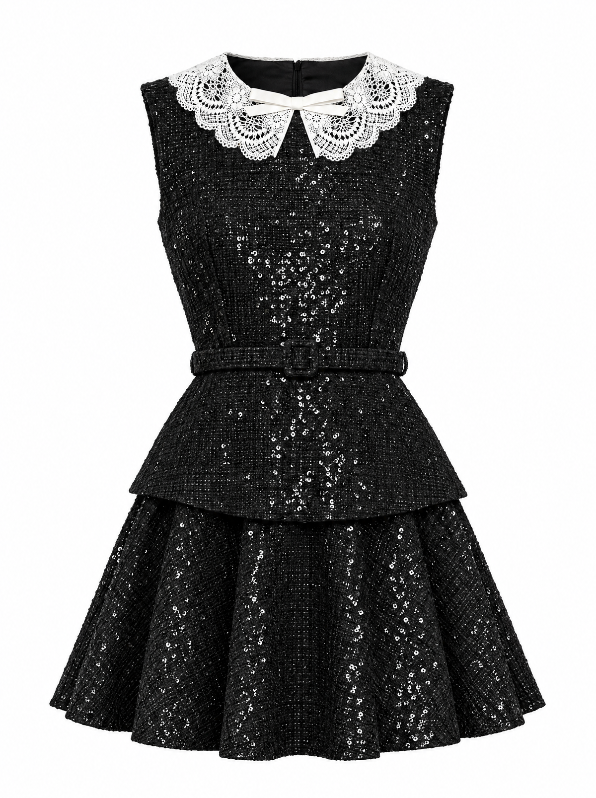 Mini abito peplum in tweed con paillettes - Nero 