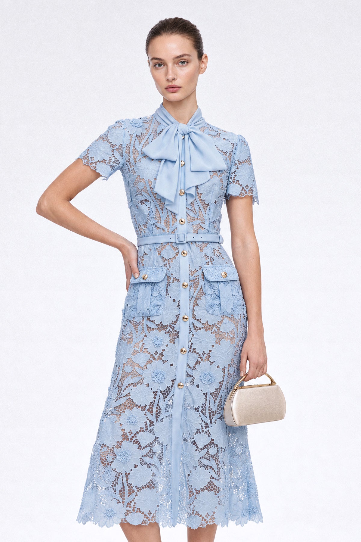 Abito chemisier in pizzo guipure - Powder Blue 