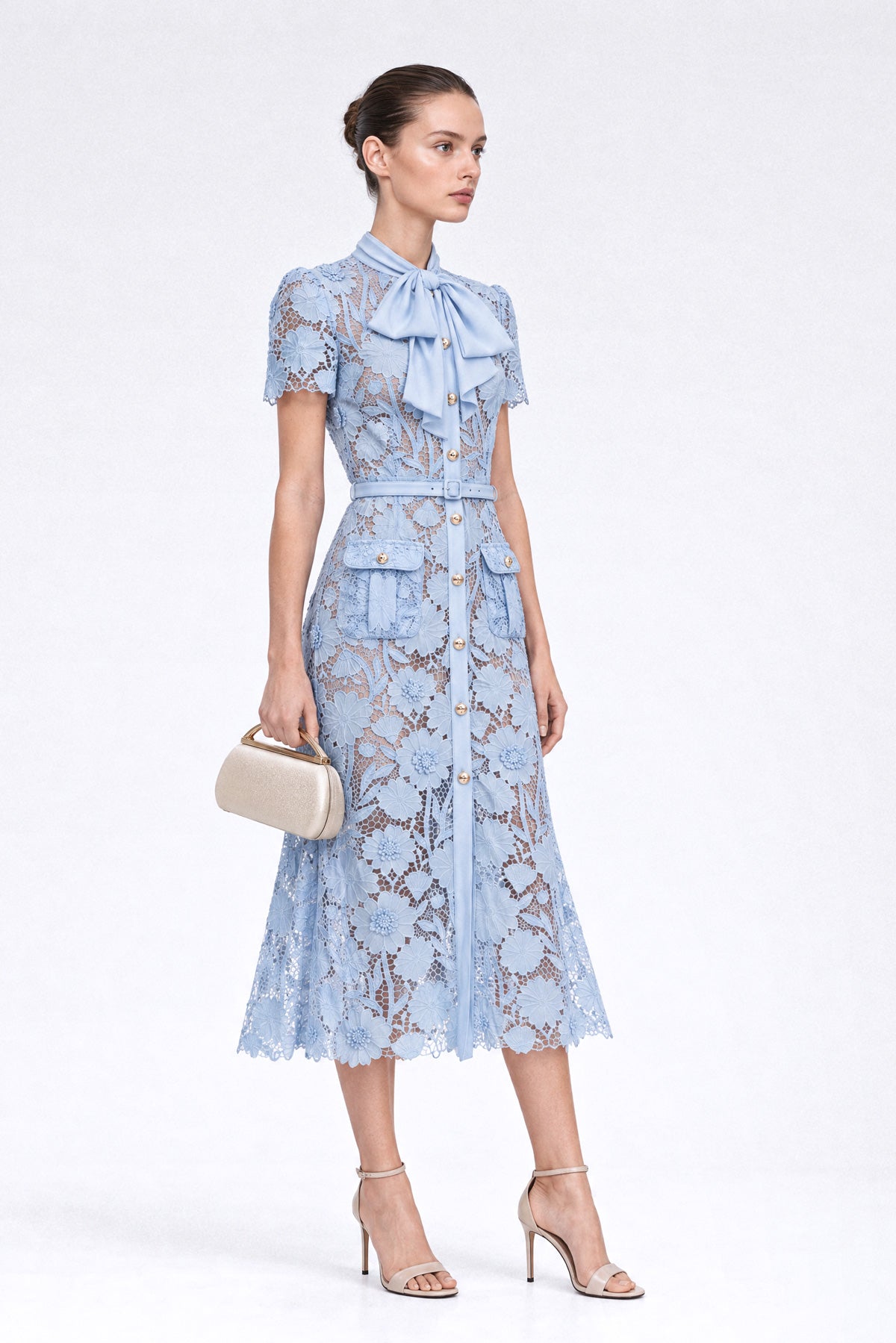 Abito chemisier in pizzo guipure - Powder Blue 