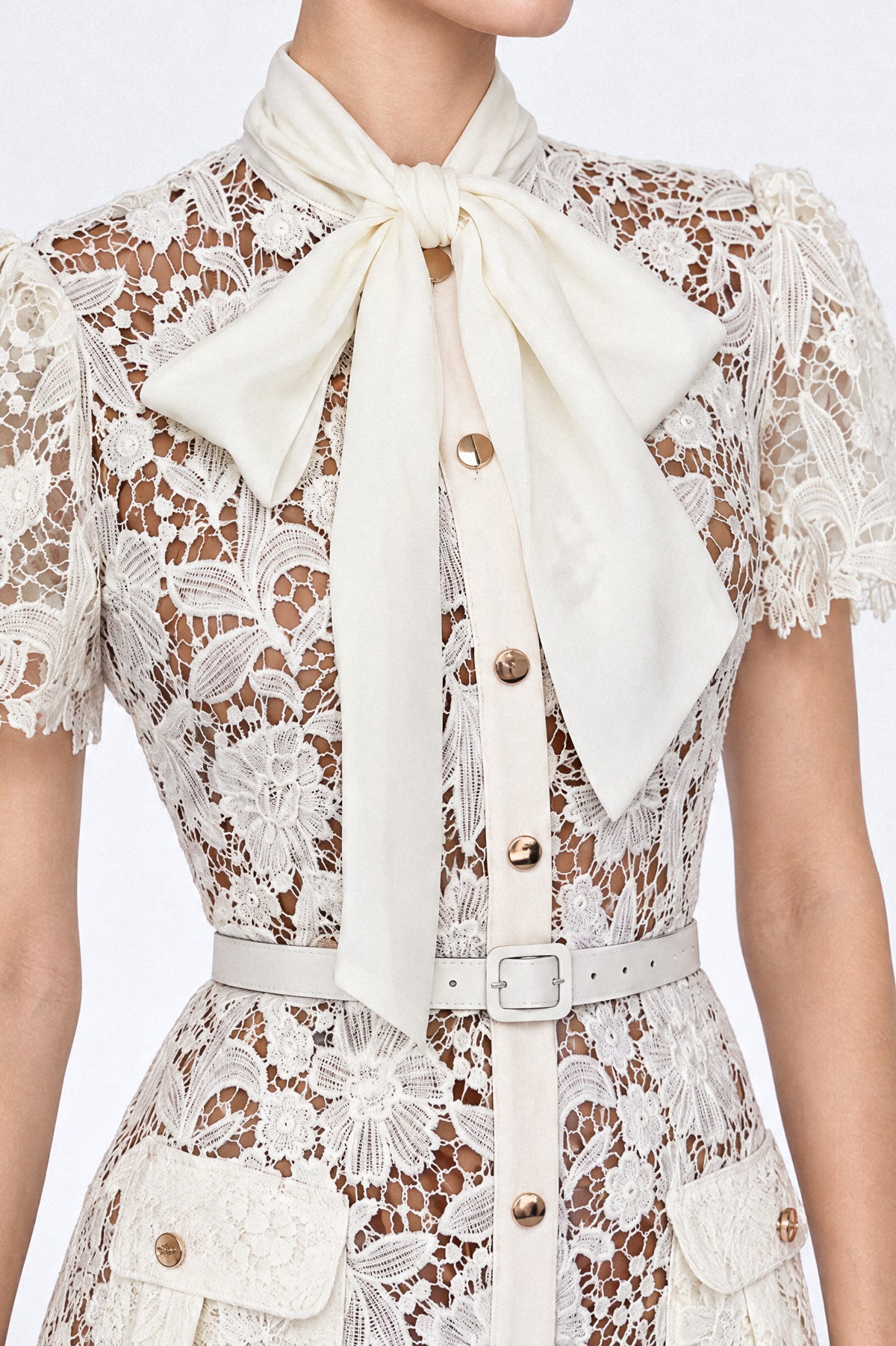 Abito-camicia in pizzo guipure - Ivoire 