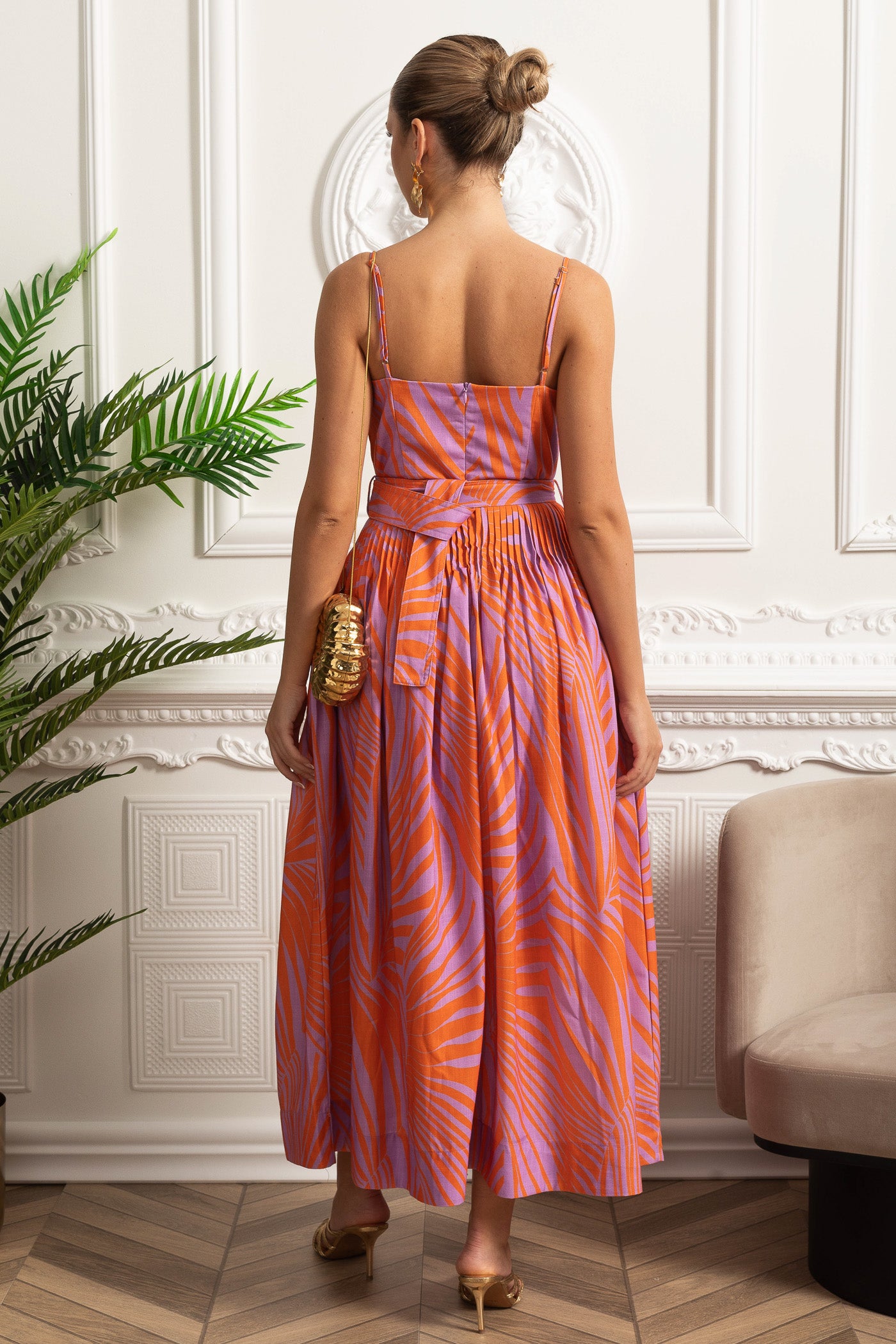 Pleated Bust Belted Midi Dress with Spaghetti Straps - Red