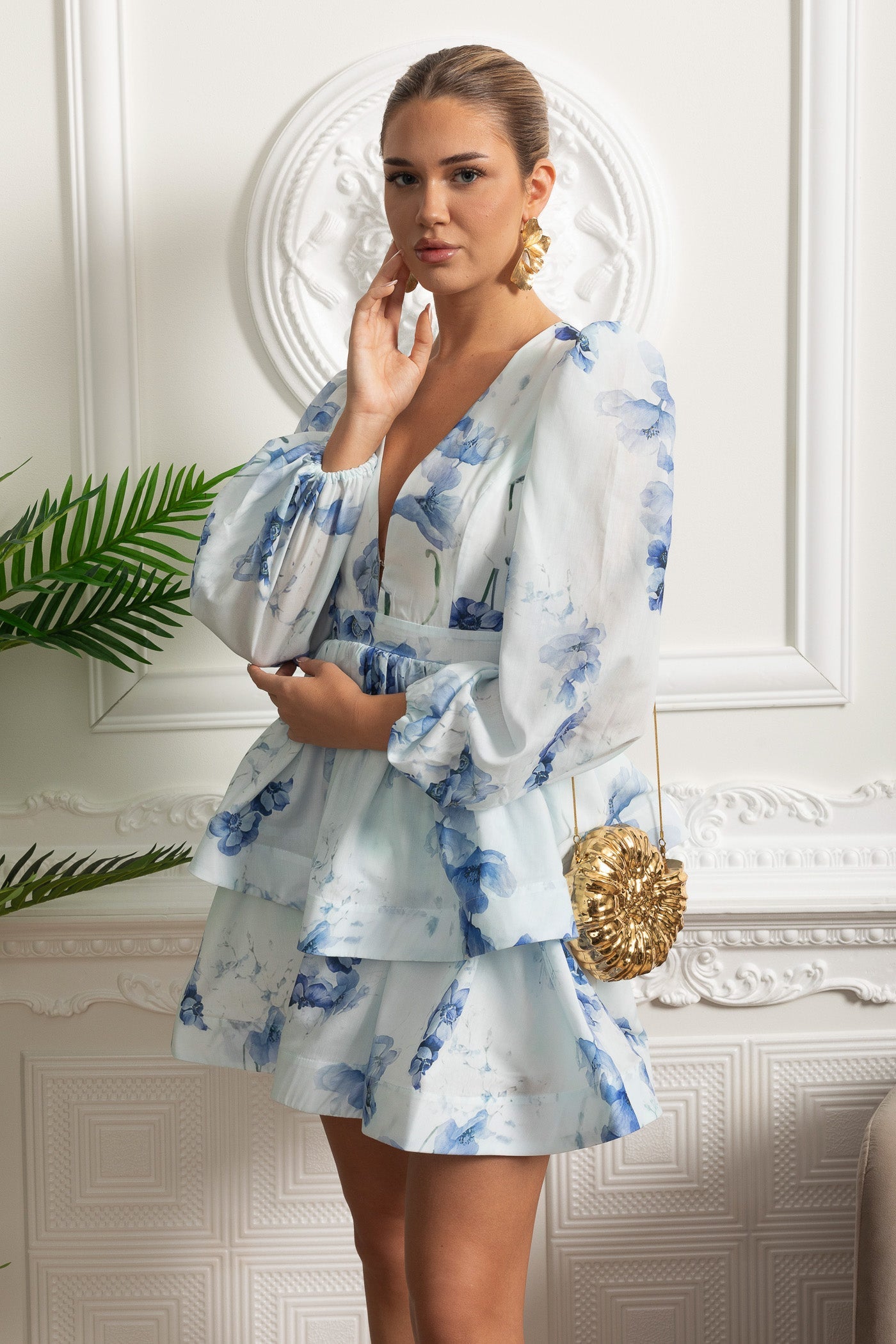 Floral Romantic Mini Dress With Voluminous Sleeves And Peplum Detail - White/Blue