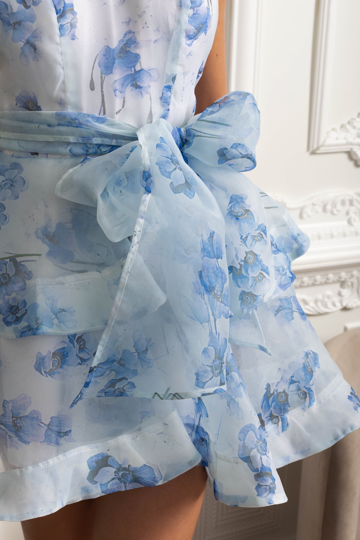 Floral Halterneck Ruffle Mini Dress - Blue