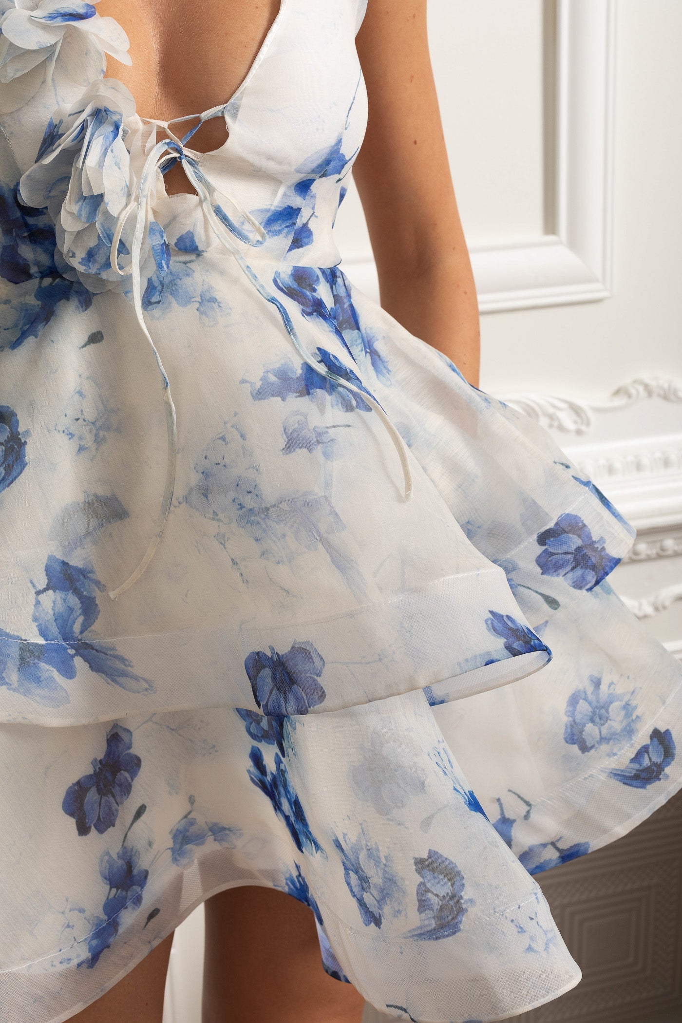 Organza Asymmetric Mini Dress With Floral Appliqué And Tiered Ruffle Skirt - Blue