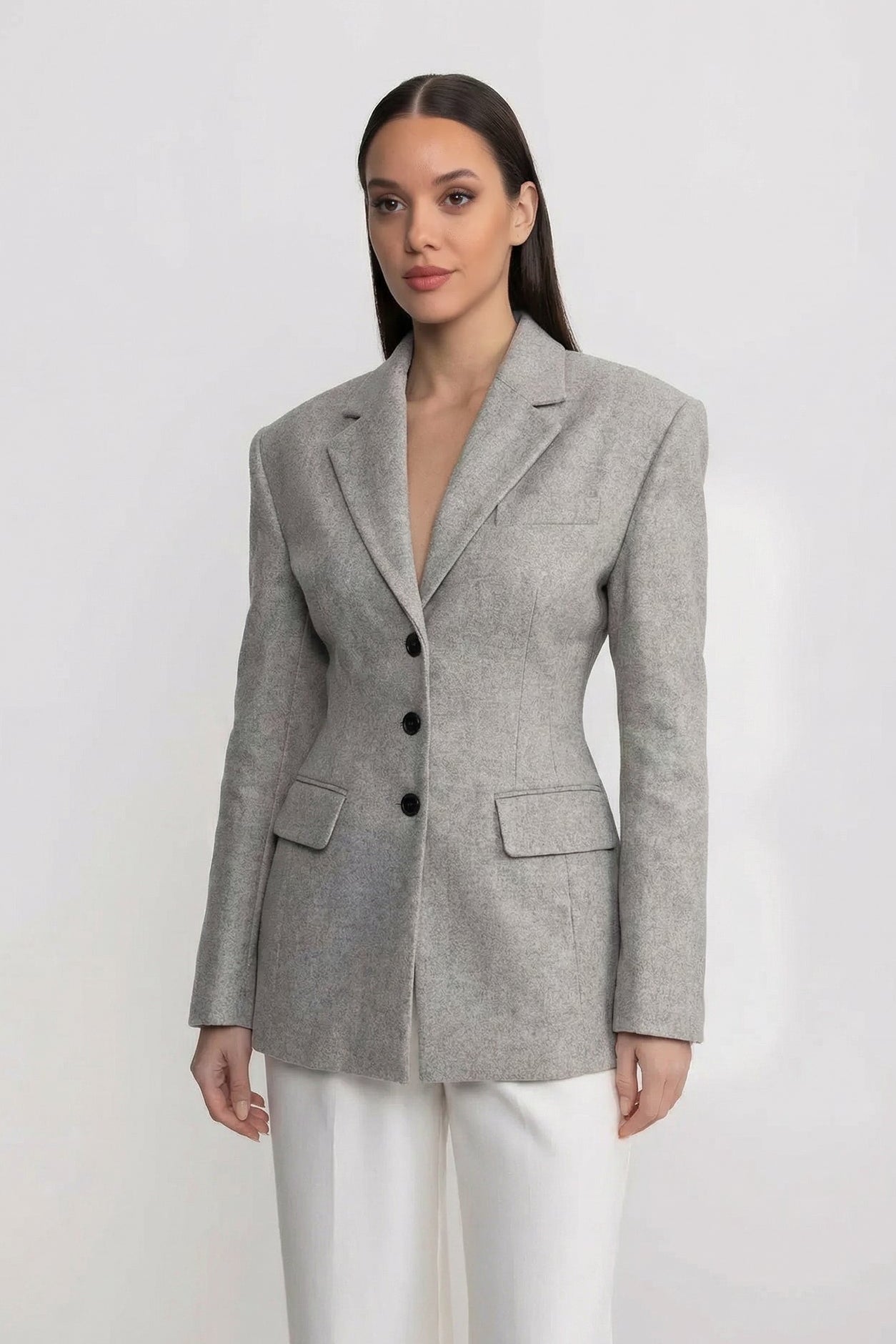Blazer Longline Sartoriale con Spalle Strutturate - Grigio Chiaro 