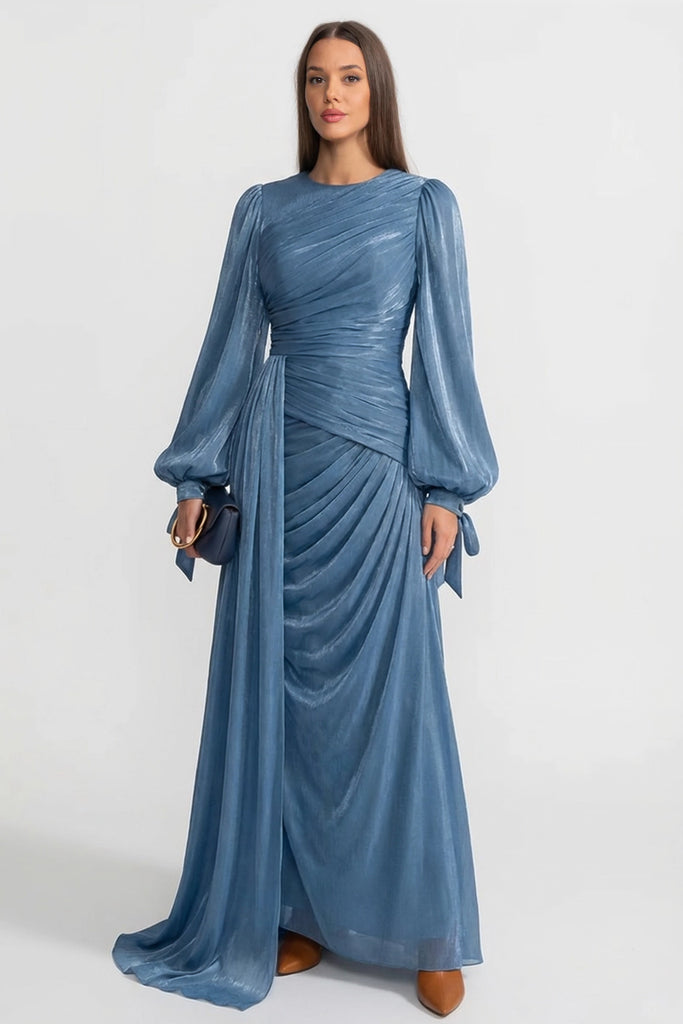 Abito lungo drappeggiato a maniche lunghe con vita arricciata – baby blue 