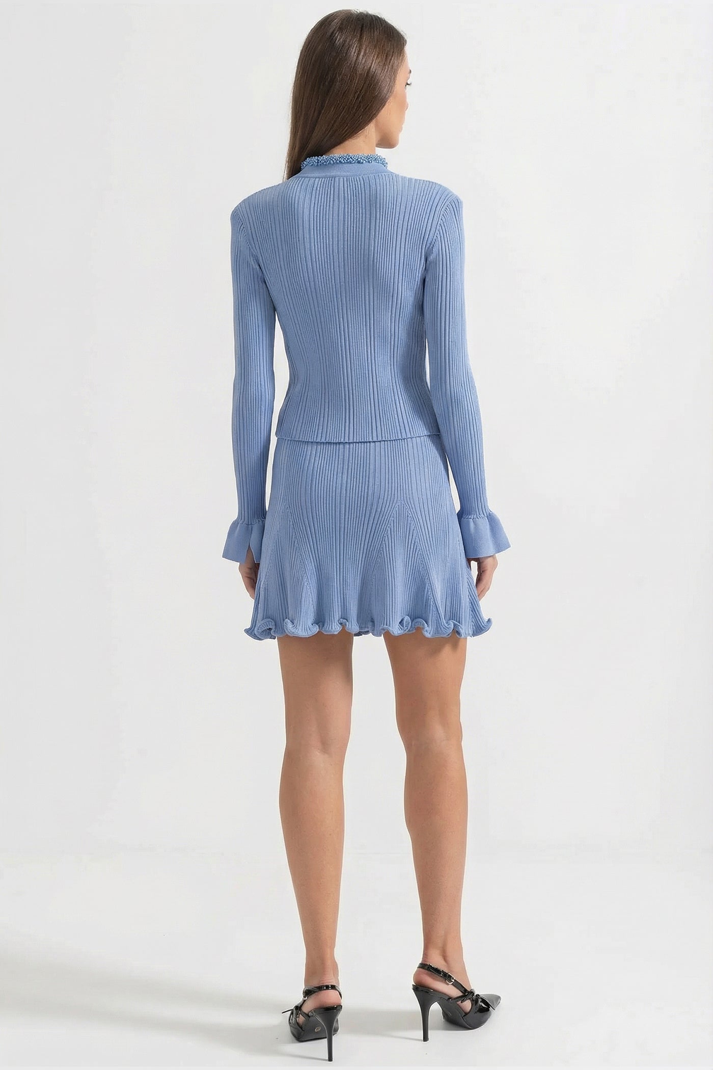 Ribbed Long Sleeve Set With Beaded Embellishments - Blue