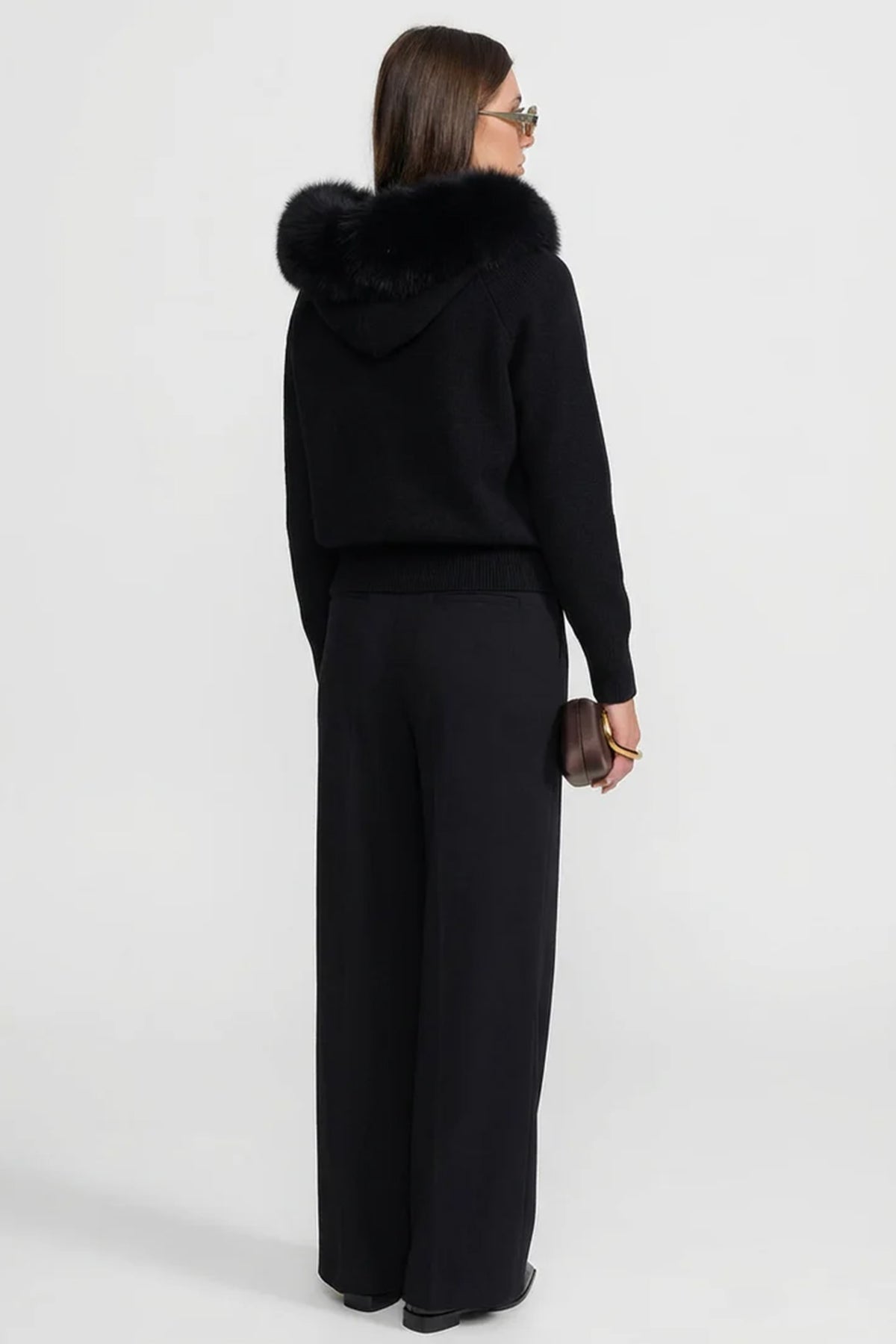 Felpa con cappuccio in lana con zip e colletto in volpe – Nero 