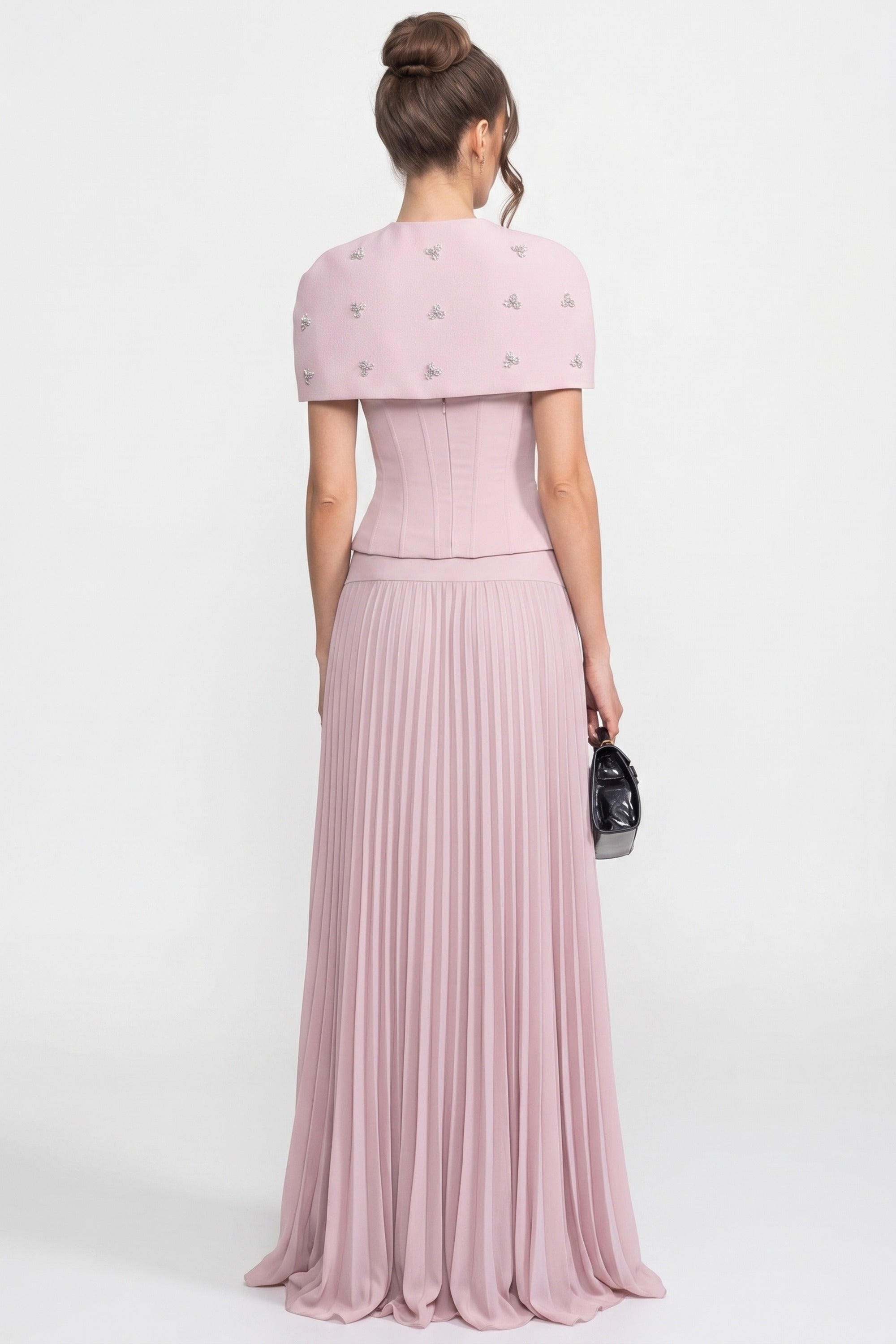 Set coordinato in 3 pezzi con top arricciato, mantella removibile e gonna maxi - Pink 