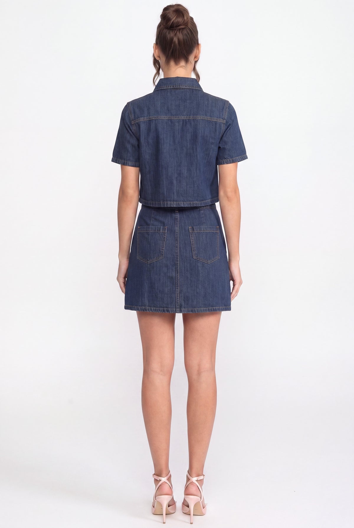 Co-ord set con camicia in denim e gonna svasata con dettagli di fiocchi scintillanti - Blu 