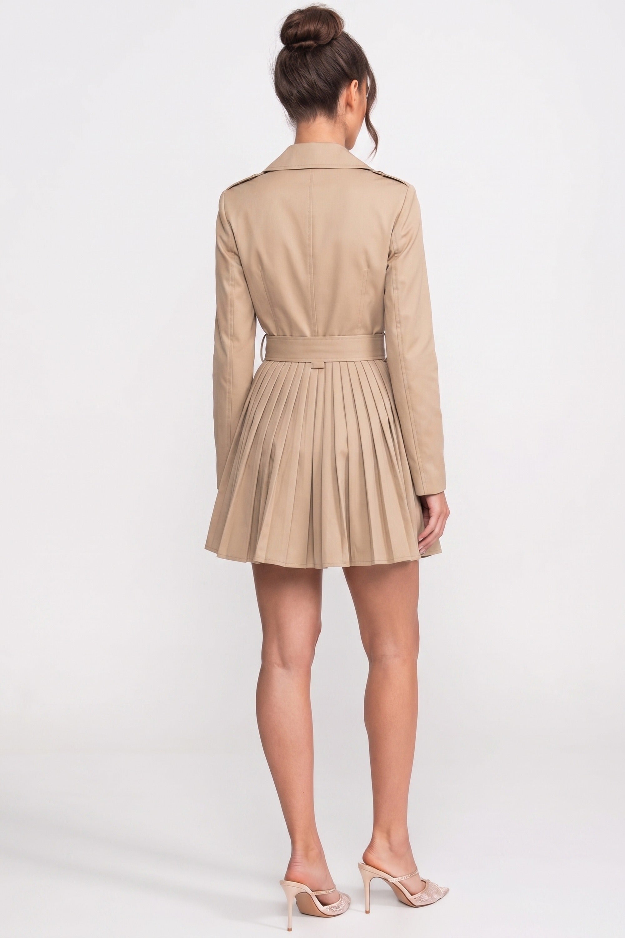 Trench coat doppiopetto con cintura e gonna plissettata - Khaki 