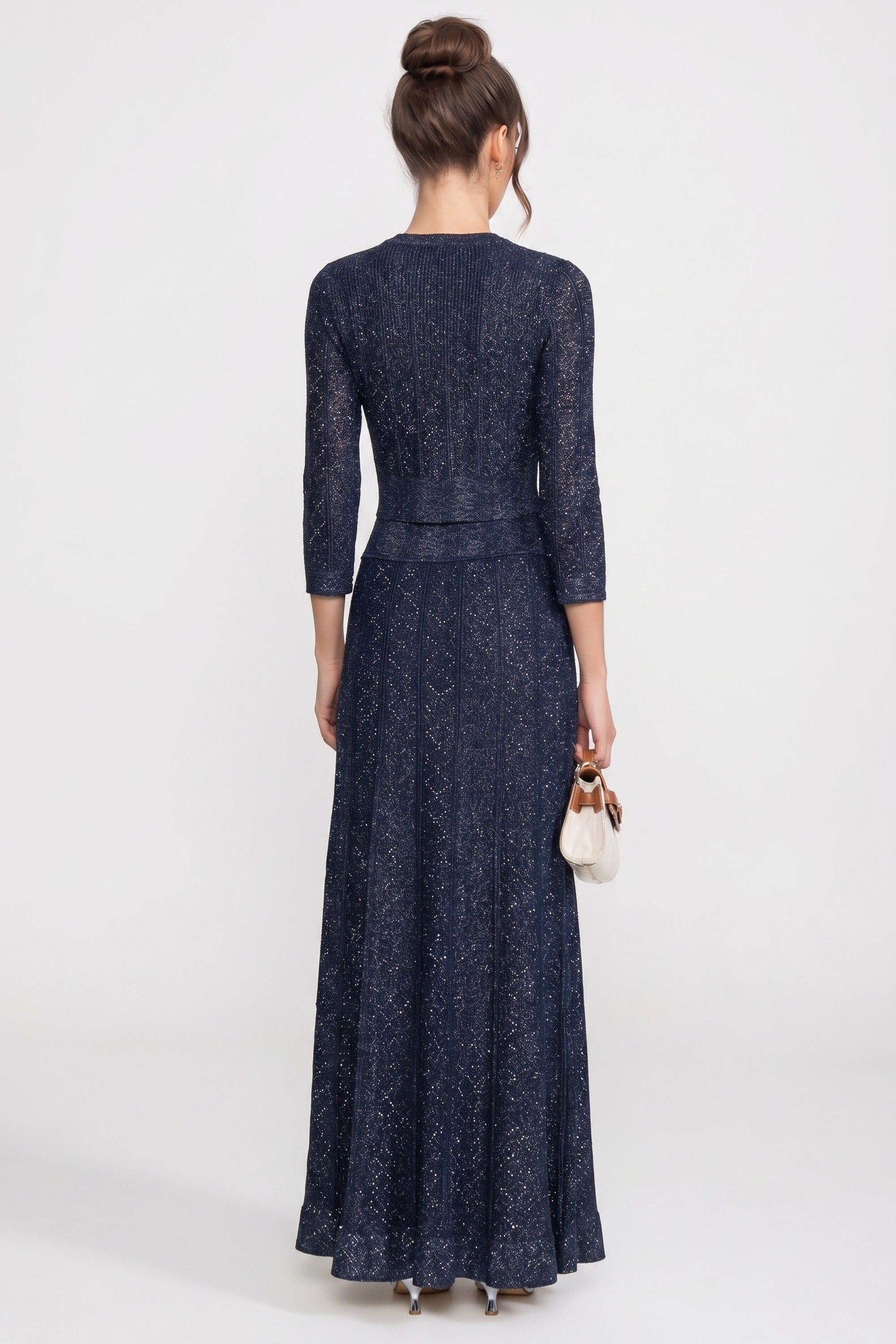 Coordinato in pizzo con motivo a ромbi, maniche lunghe e gonna maxi - Navy 