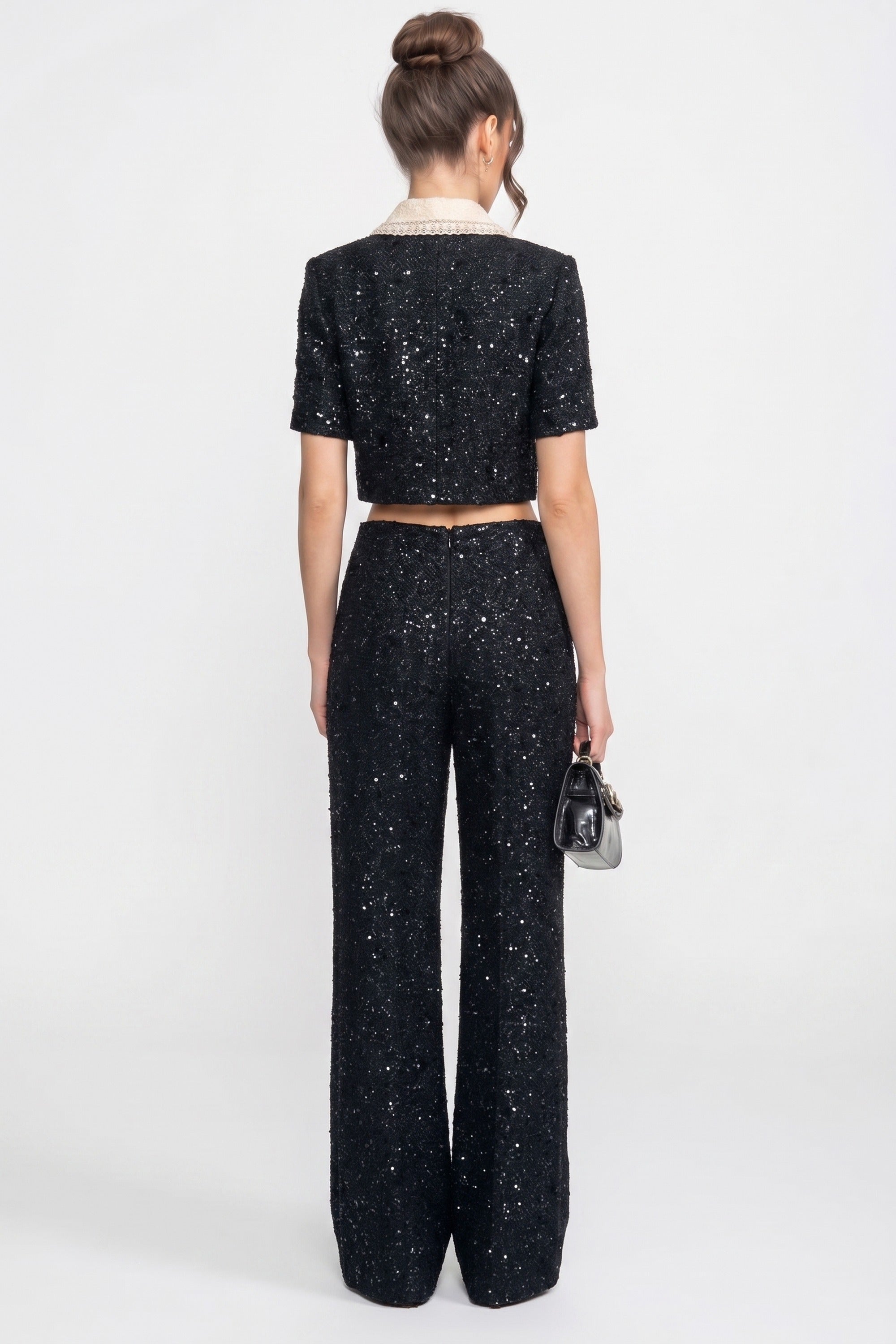 Pantaloni in tweed a gamba larga con dettaglio di paillettes - Nero 