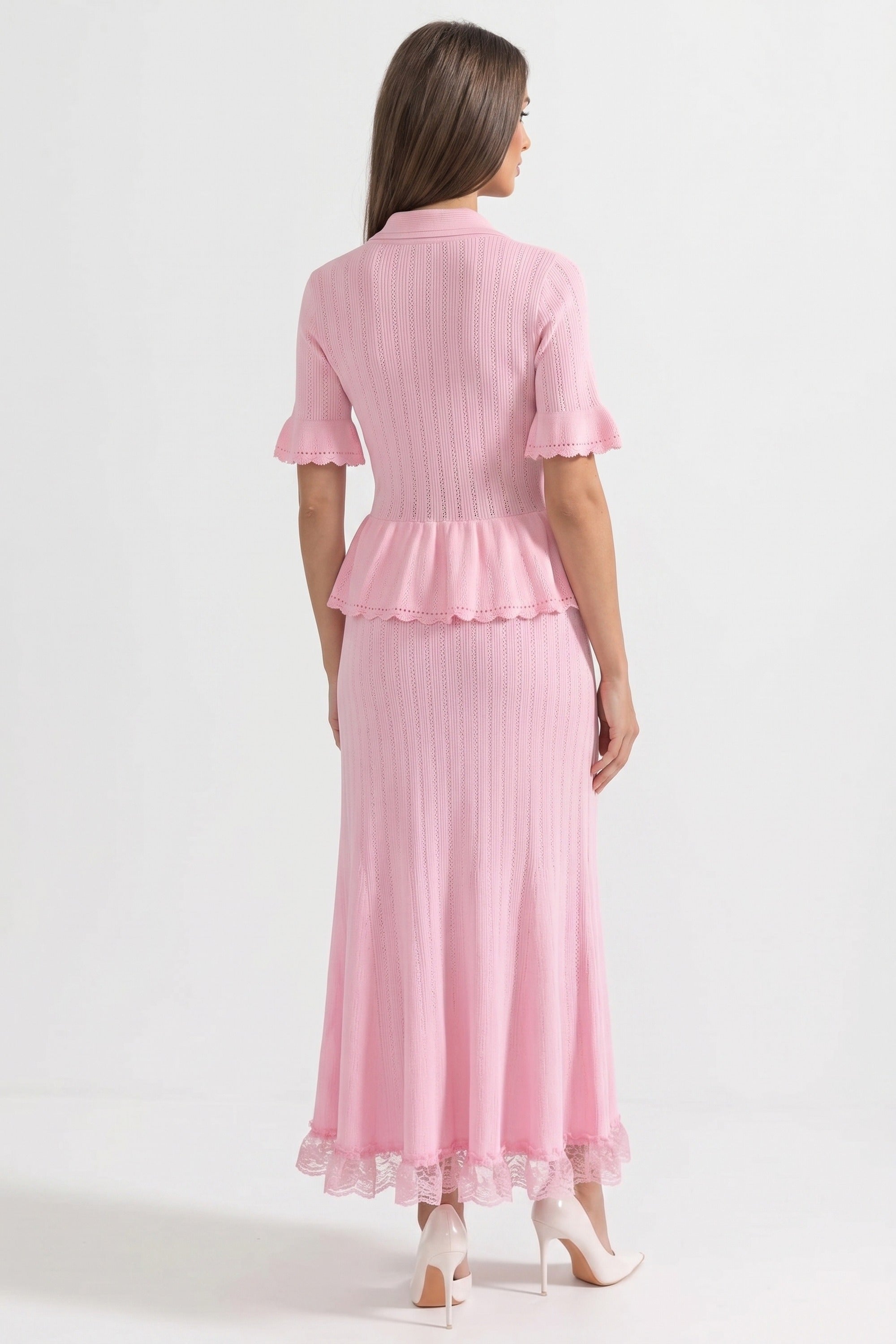 Abito Maxi Knit Peplum con Collo Peter Pan e Orlo in Pizzo - Rosa 