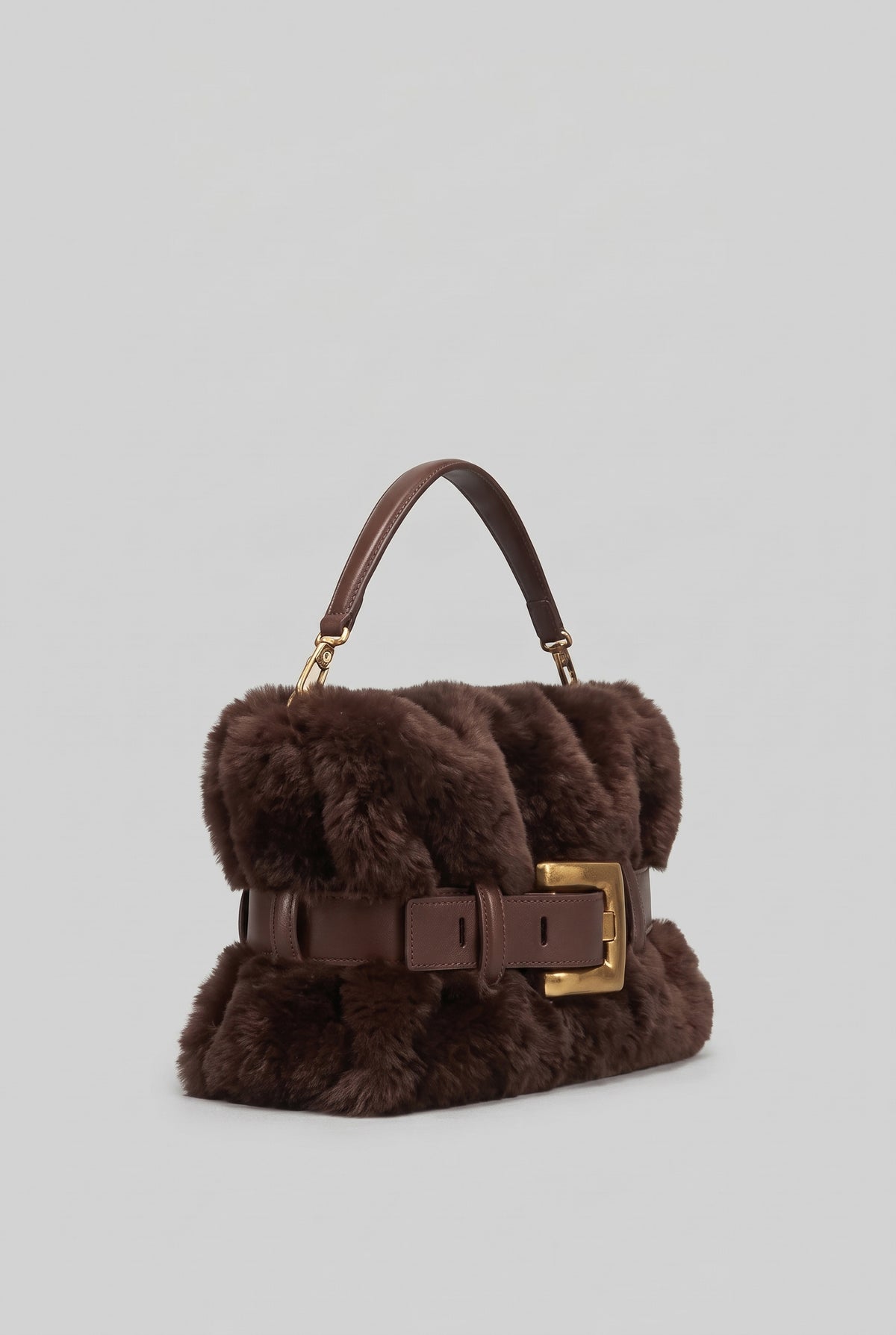 Faux Fur Handbag with Belt Buckle Detail – Brown