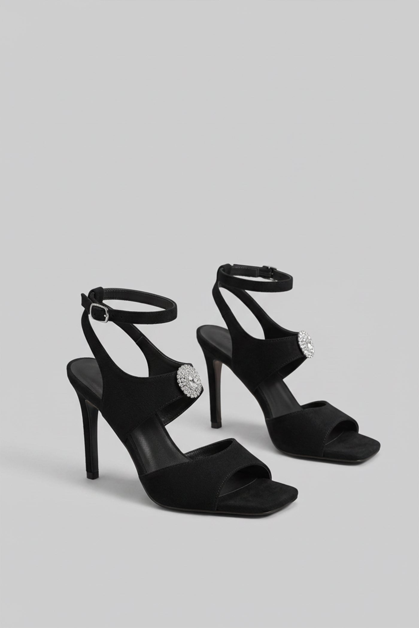 Suede High Heel Sandals With Crystal Embellished Detail - Black
