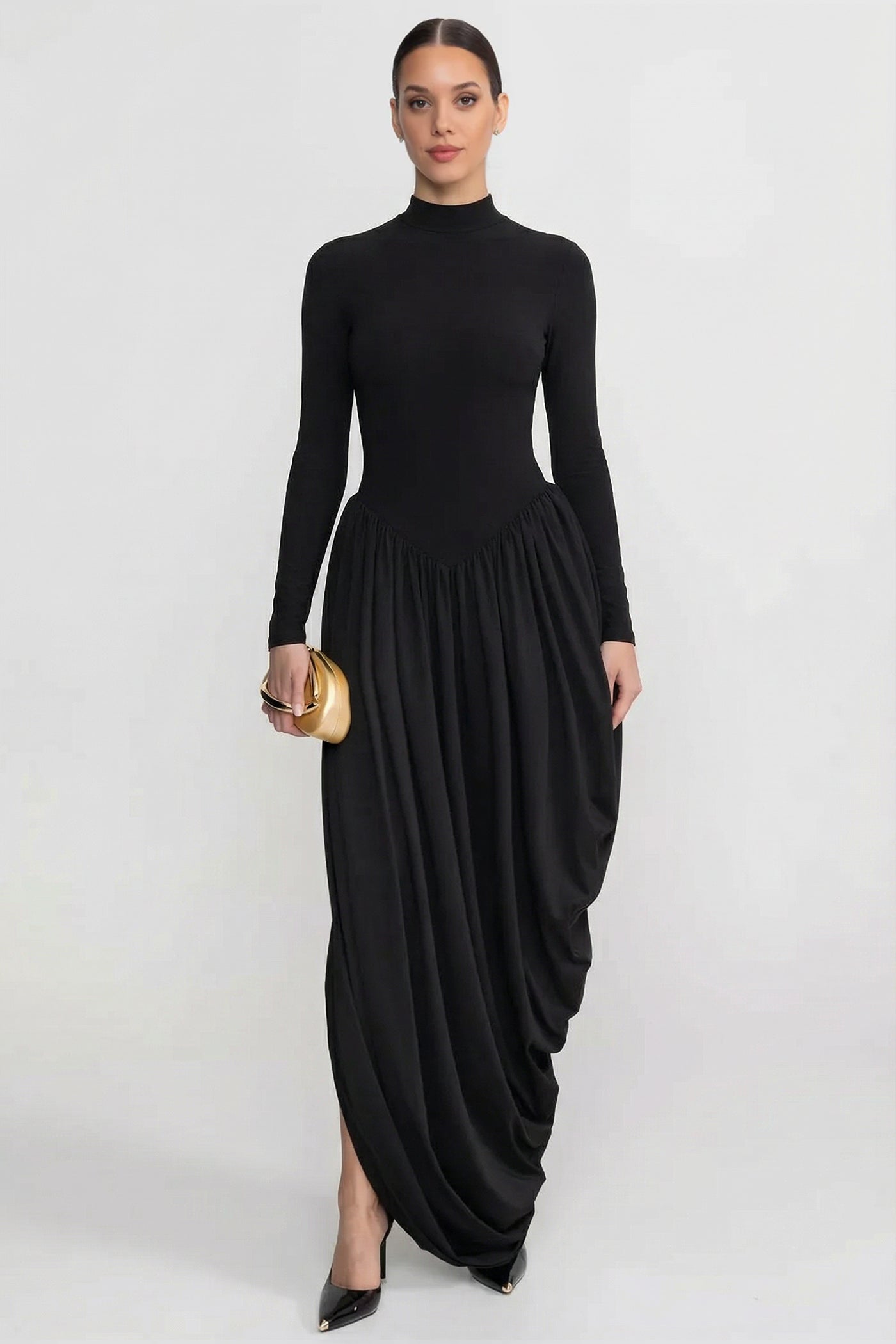 Abito Maxi a Maniche Lunghe con Gonna Drappeggiata - Nero 