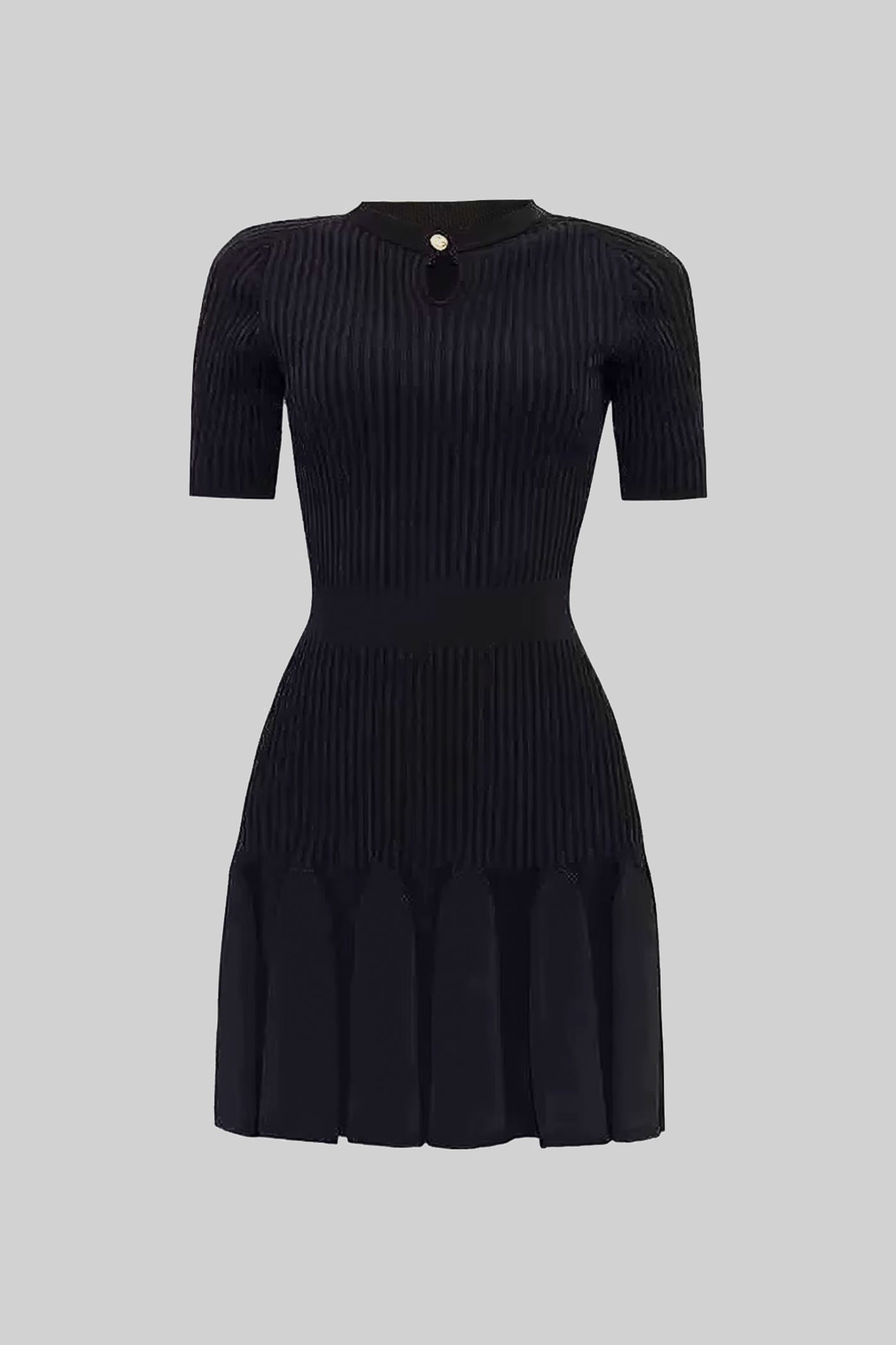 Abito corto in maglia coste con scollo a goccia e bottoni dorati - Nero 