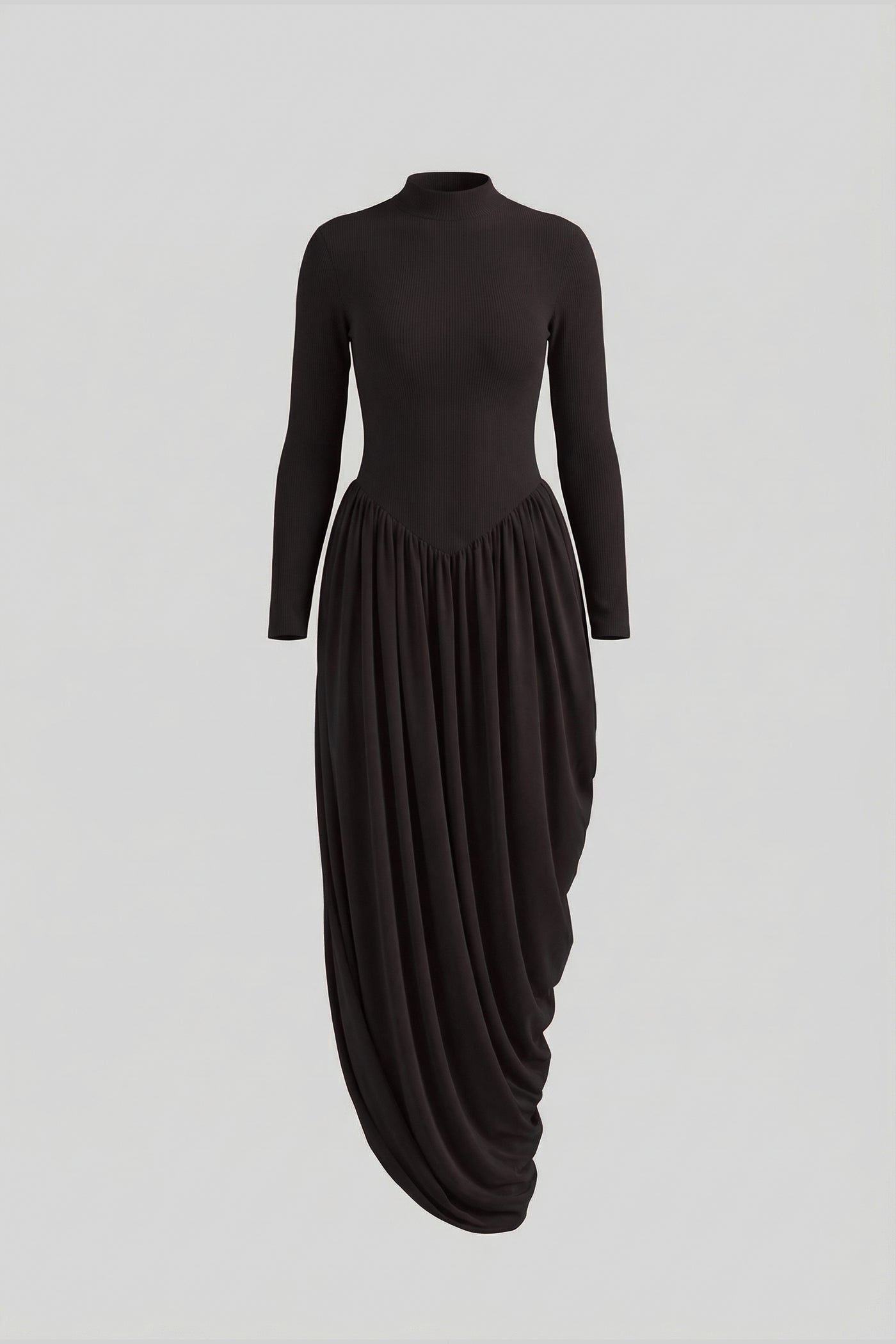 Abito Maxi a Maniche Lunghe con Gonna Drappeggiata - Nero 