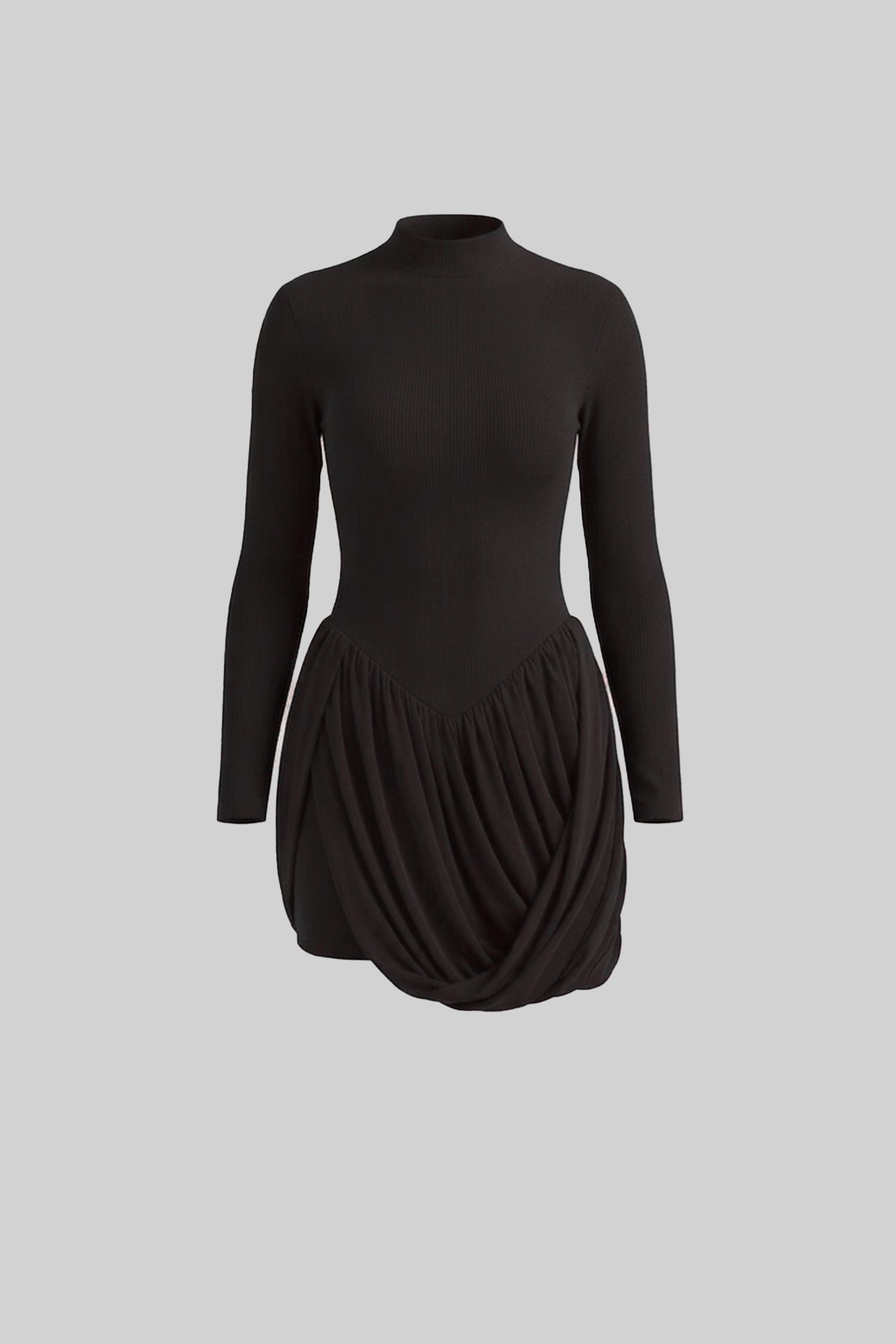Abito Mini a Maniche Lunghe con Gonna a Sbuffo Drappeggiata - Nero 