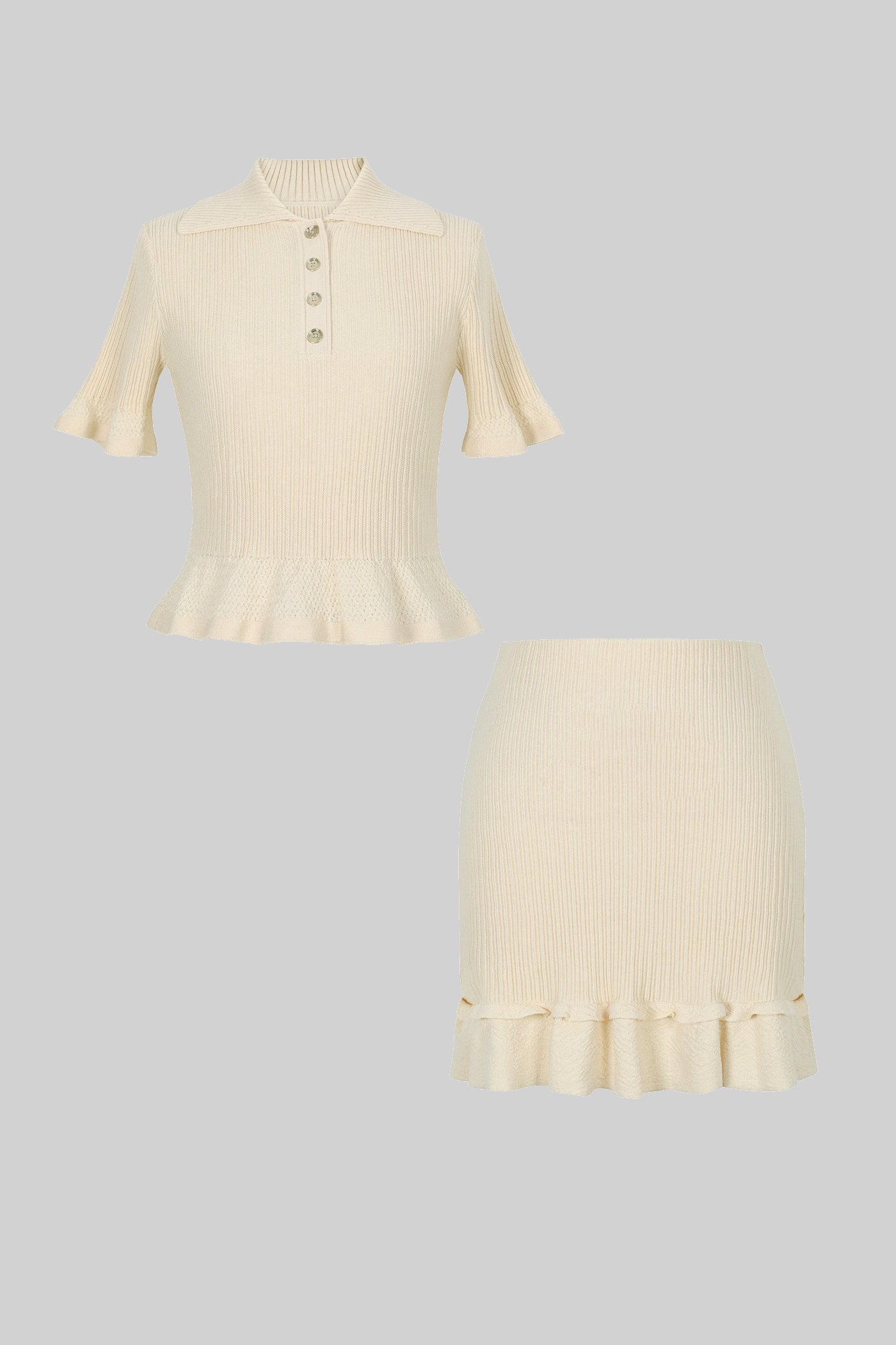 Completo coordinato in maglia a coste con polo e orlo arricciato - Beige 