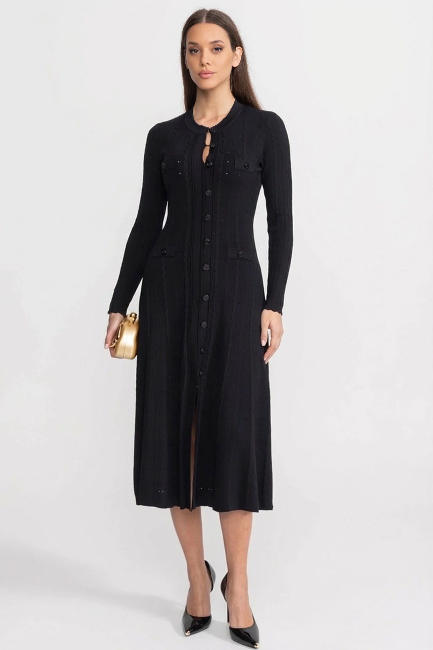 Abito midi in maglia con bottoni frontali e dettagli pointelle – Nero 