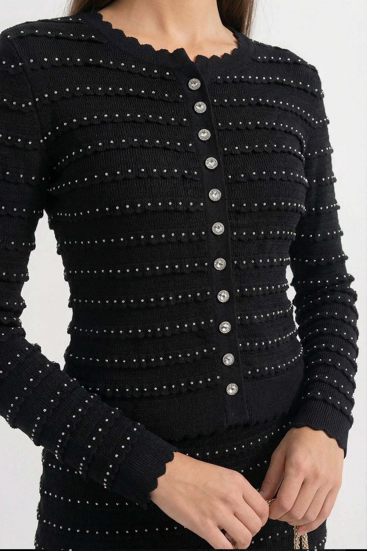 Completo Coordinato in Maglia con Texture a Righe Pointelle e Decorazioni Scintillanti - Nero 