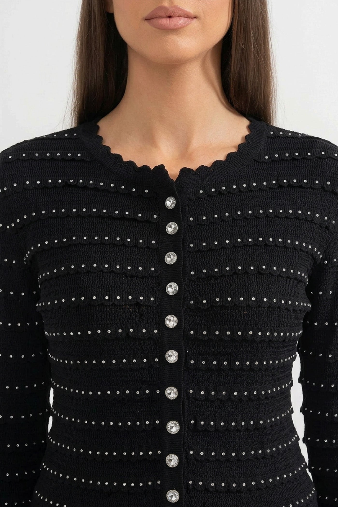 Completo Coordinato in Maglia con Texture a Righe Pointelle e Decorazioni Scintillanti - Nero 