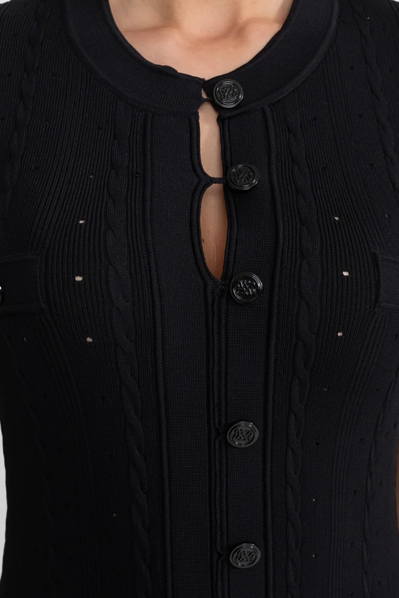 Knit Button-Front Midi Dress with Pointelle Detailing – Black