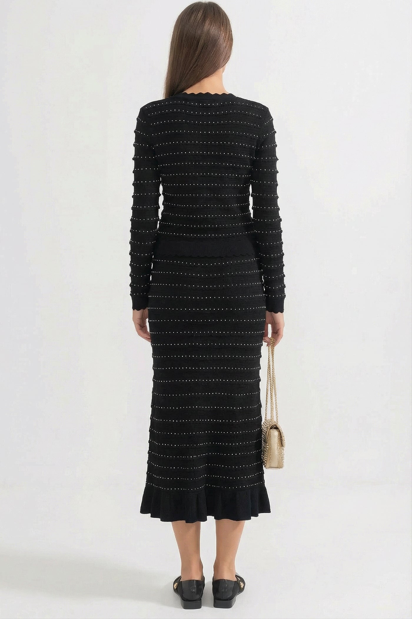 Completo Coordinato in Maglia con Texture a Righe Pointelle e Decorazioni Scintillanti - Nero 