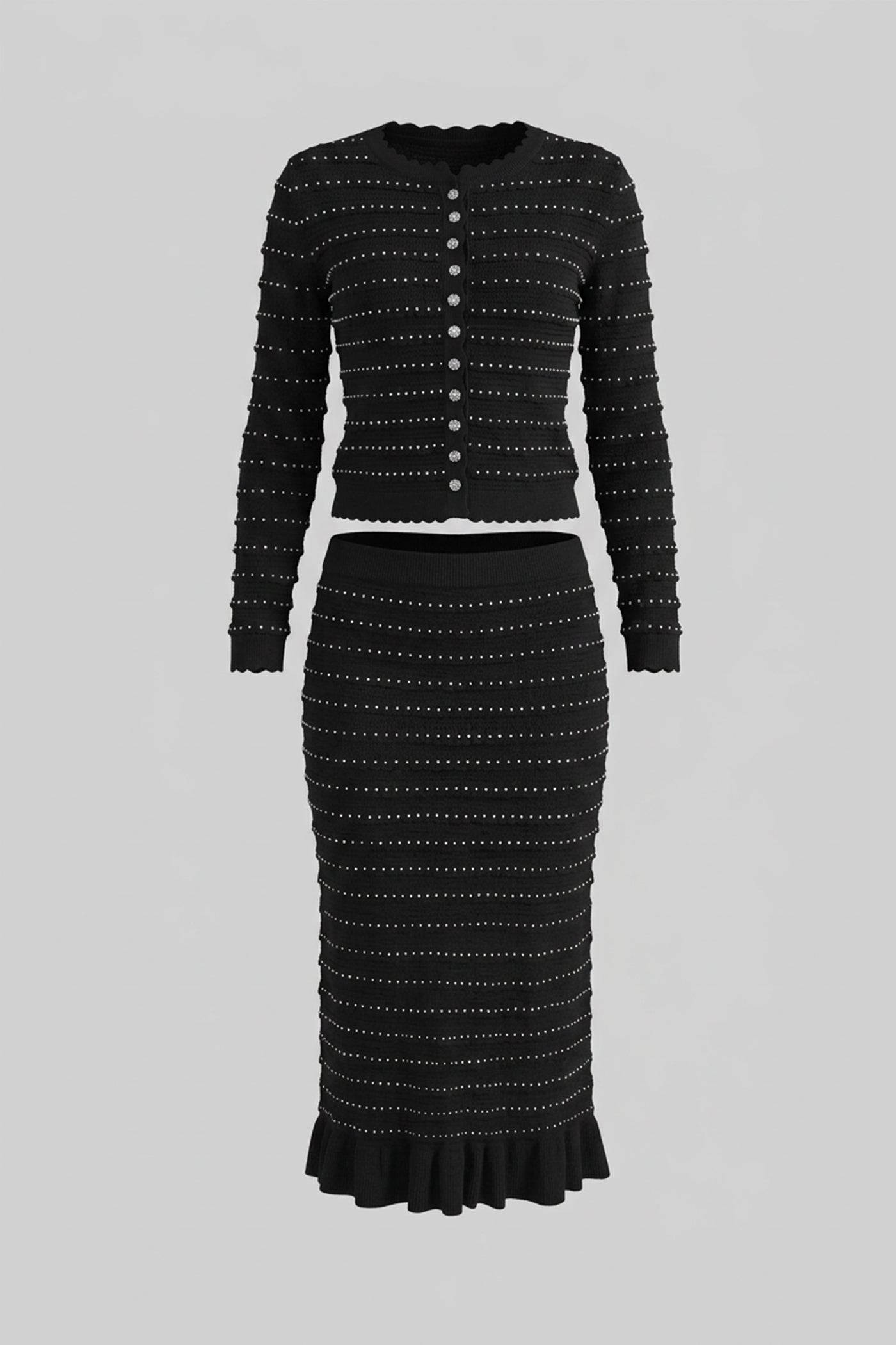 Completo Coordinato in Maglia con Texture a Righe Pointelle e Decorazioni Scintillanti - Nero 